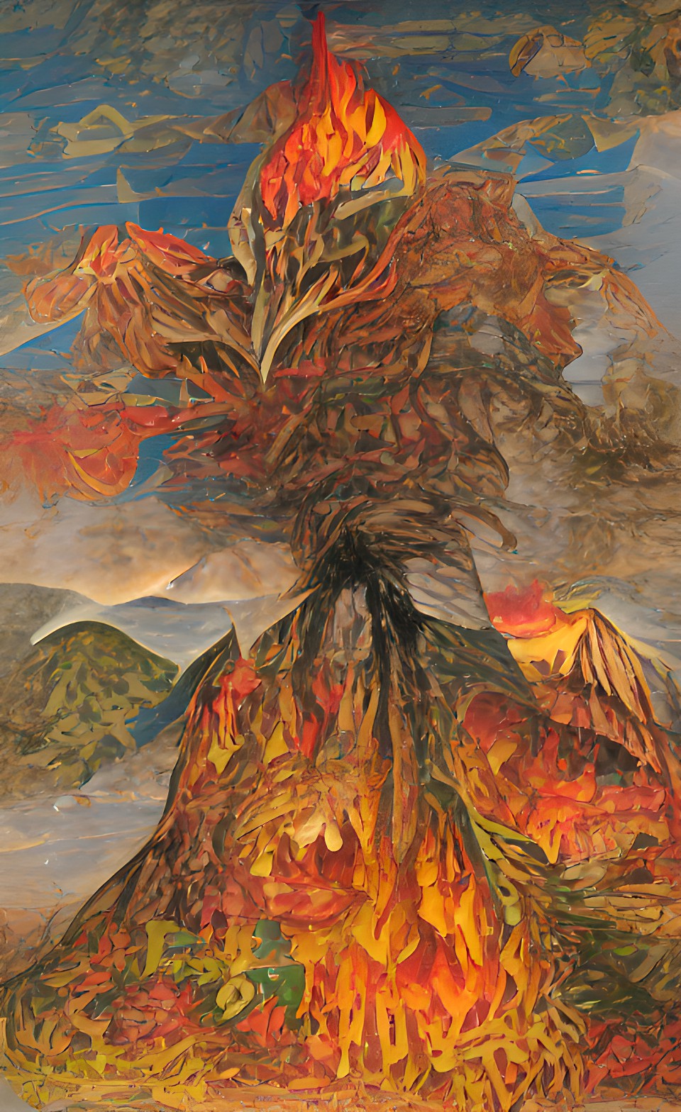 burning leaves tree, volcano, mountain, looming, fear preview