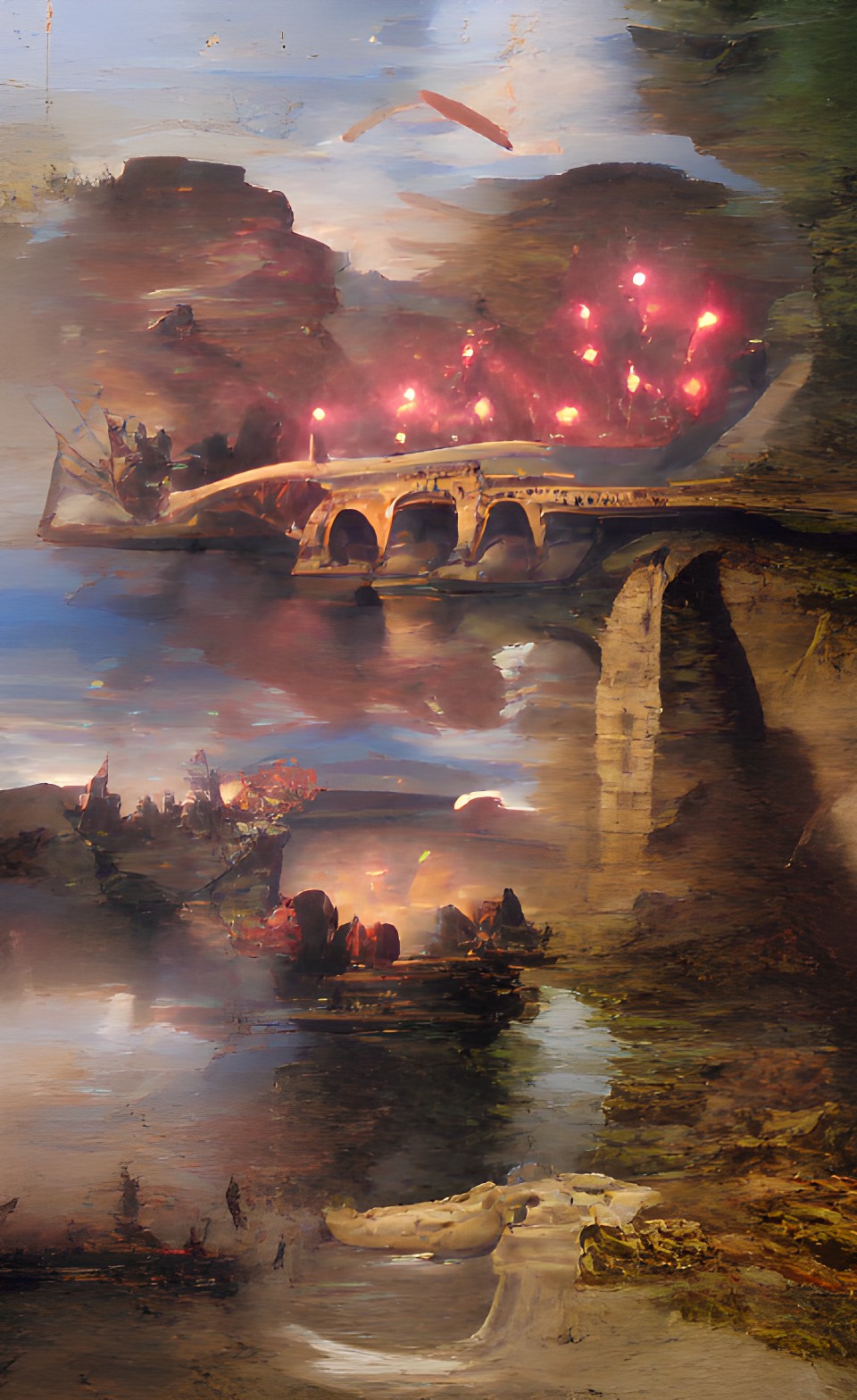 🏰 - a sword fight battlefield and two ufos above the bridge into a castle preview