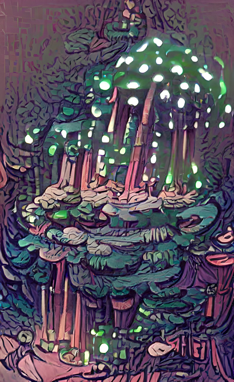 tall forest of coniferous trees over glowing mushroom preview