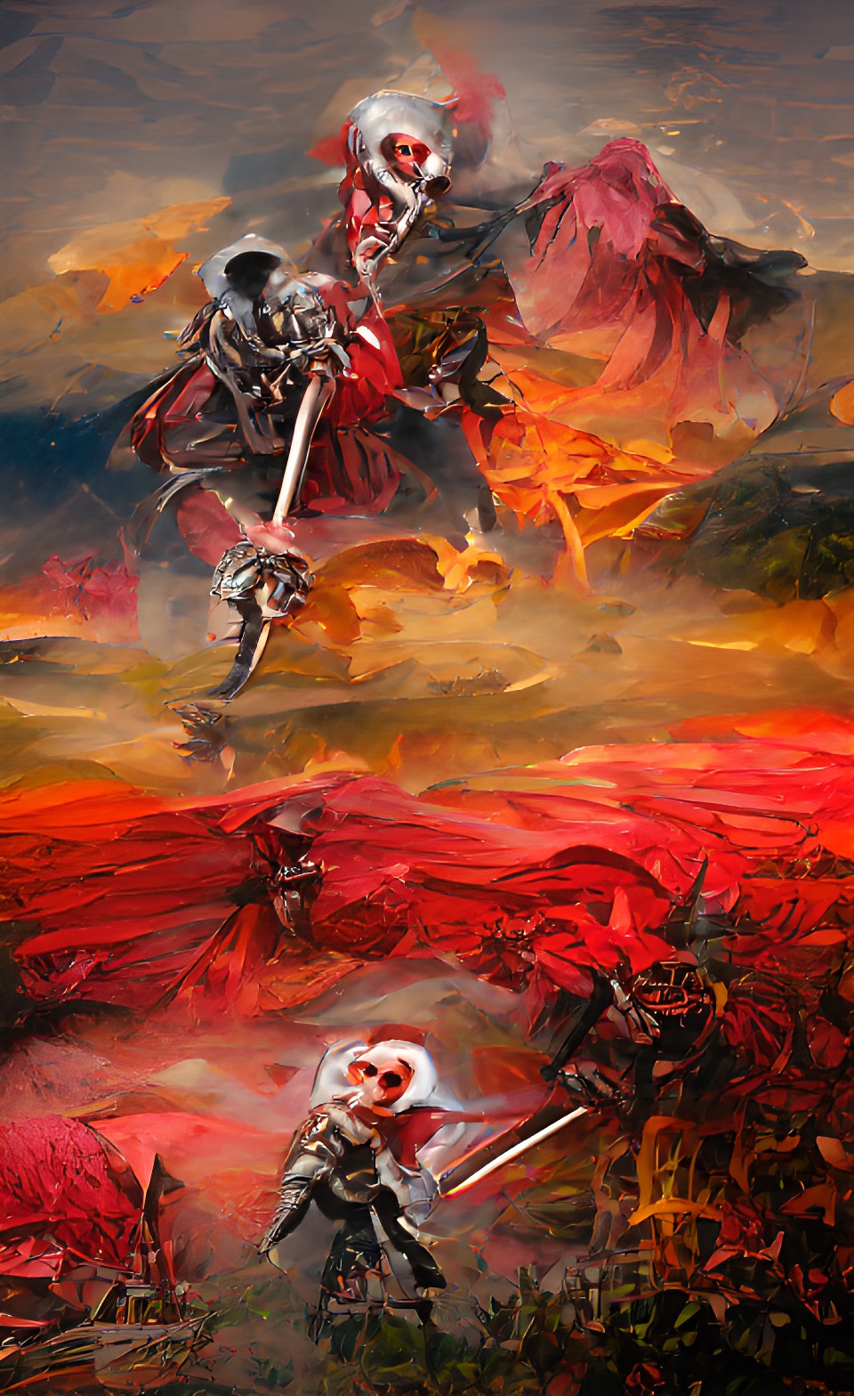 flame of hell knight fighting skeleton in field of rock and blood with red sky preview