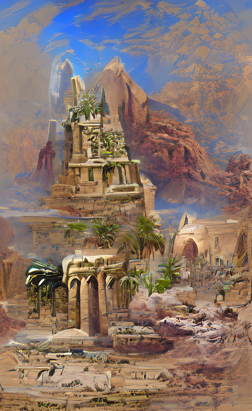 desert oasis with ruins and temple and a pyramid and a tall sandstone tower preview