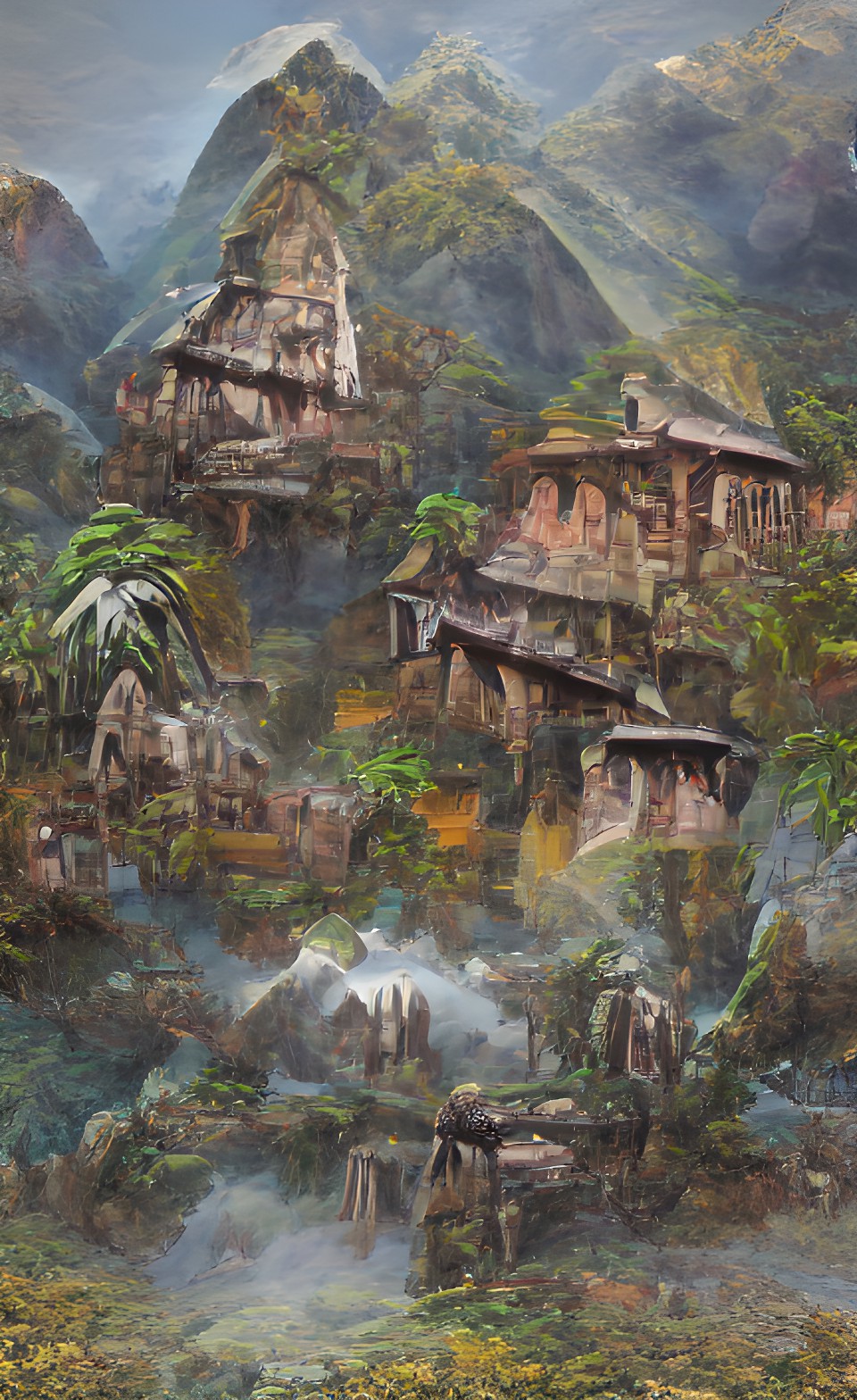 ancient tribal village in a misty jungle mountain preview