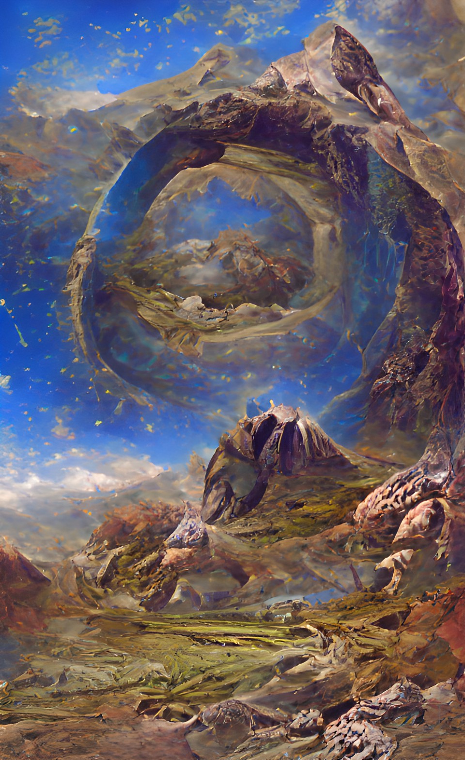 rocky circle with space portal in centre in a mountain with blue sky and fields preview