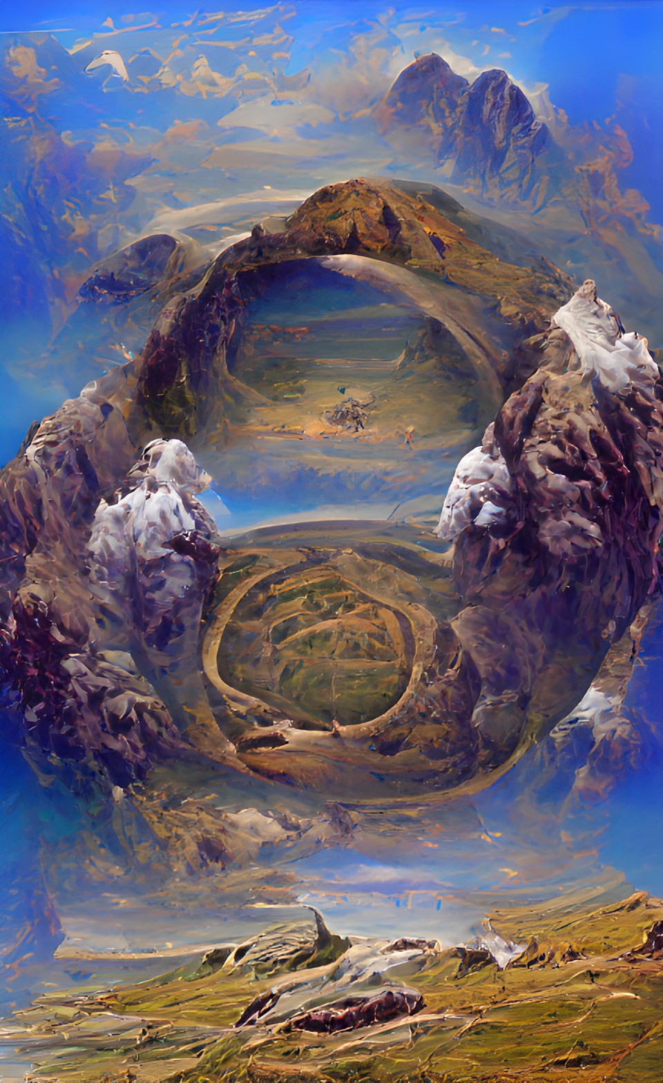 rocky circle with space portal in centre in a mountain with blue sky and fields preview