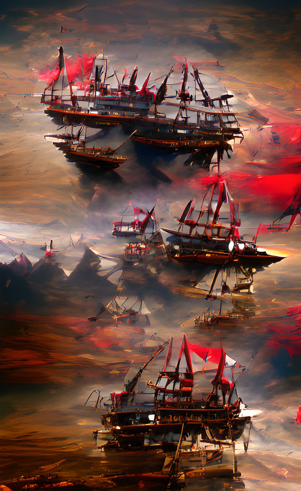 fleet of grand wooden pirate ships with red and black sails on sea off coast preview