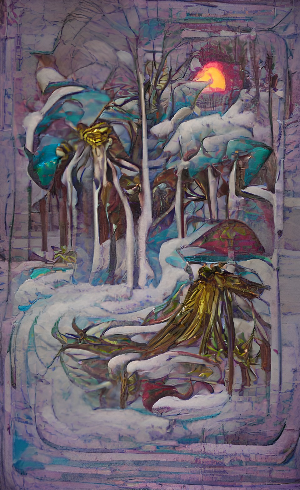 tarot card style picture of a winter storm in the forest preview