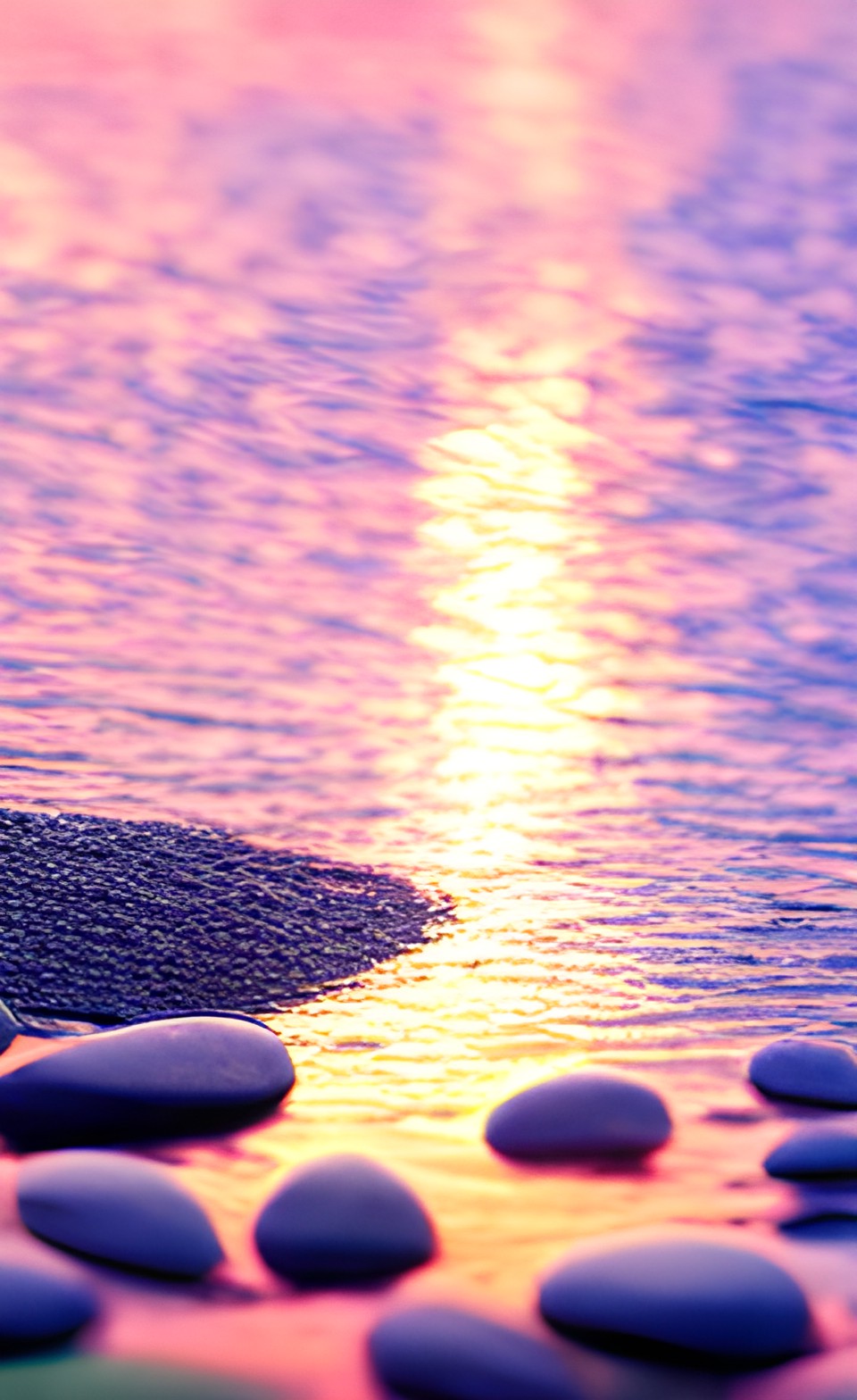 Lakeside - pastel colored serene lake, sunset, pebbles, dragonflies preview