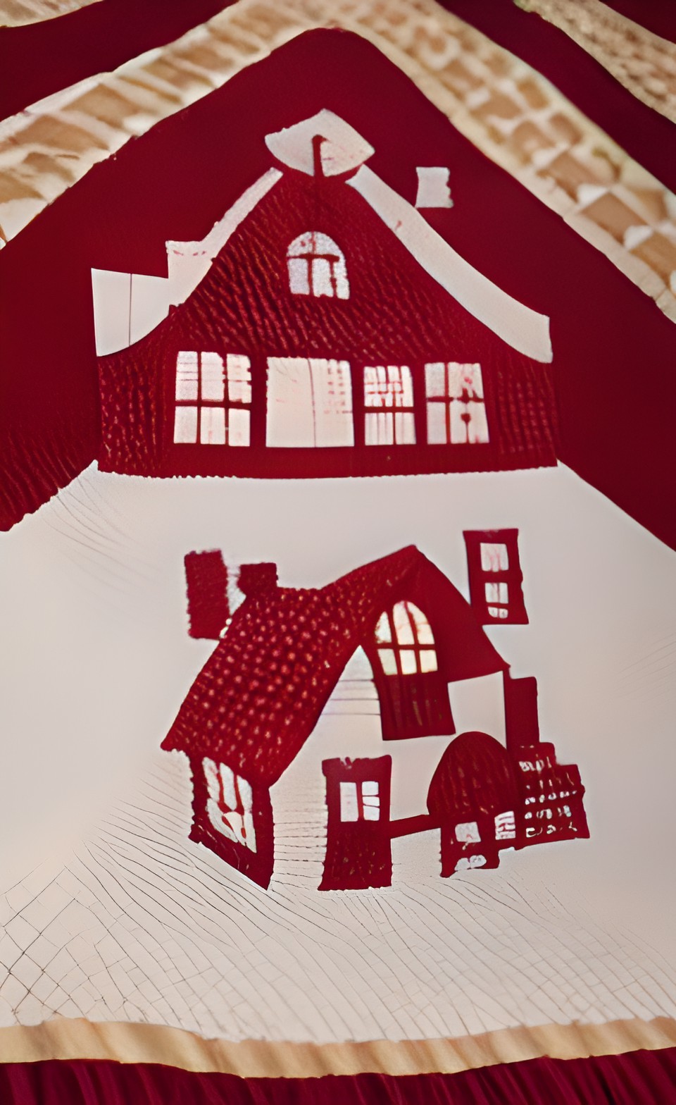 quilted picture of a one-room schoolhouse with embroidered details(detailed, fine, carefully made, symmetrical) preview