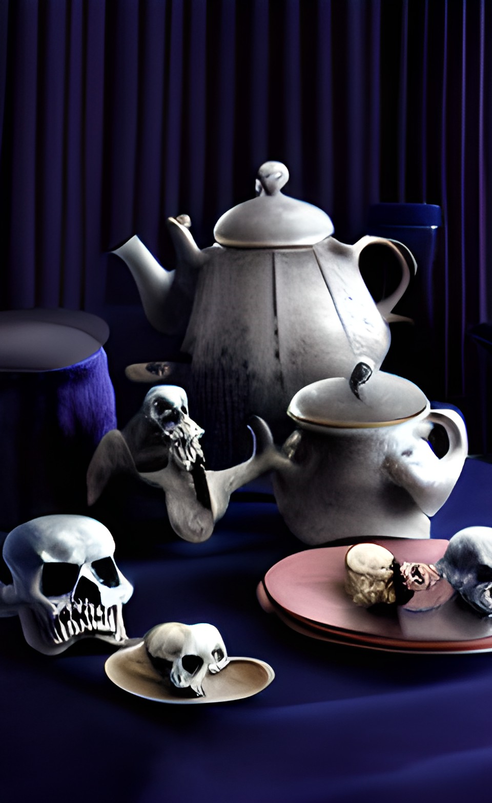 still life with skull and teapot on a table with a navy blue velvet curtain background preview