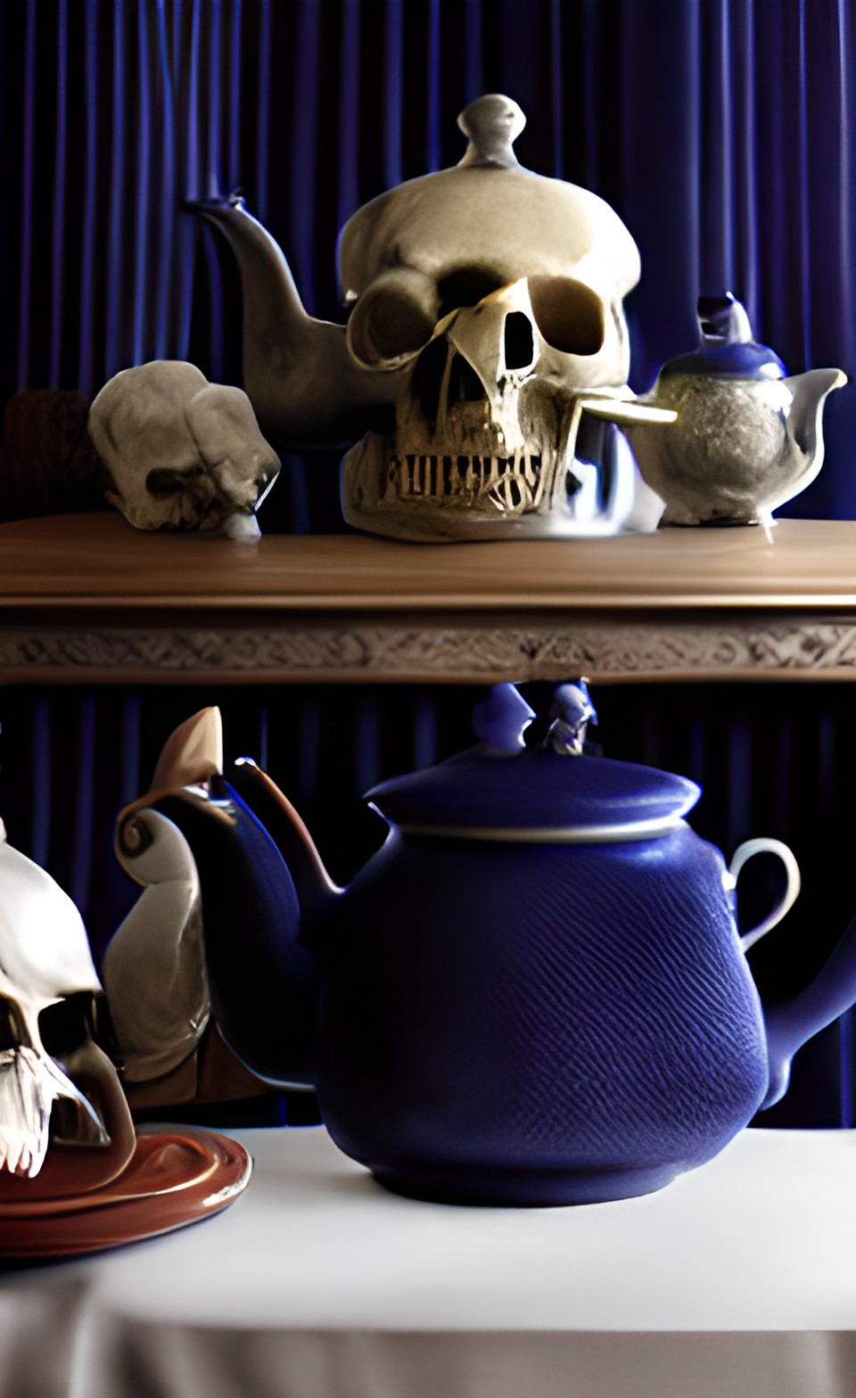 still life with skull and teapot on a table with a navy blue velvet curtain background preview