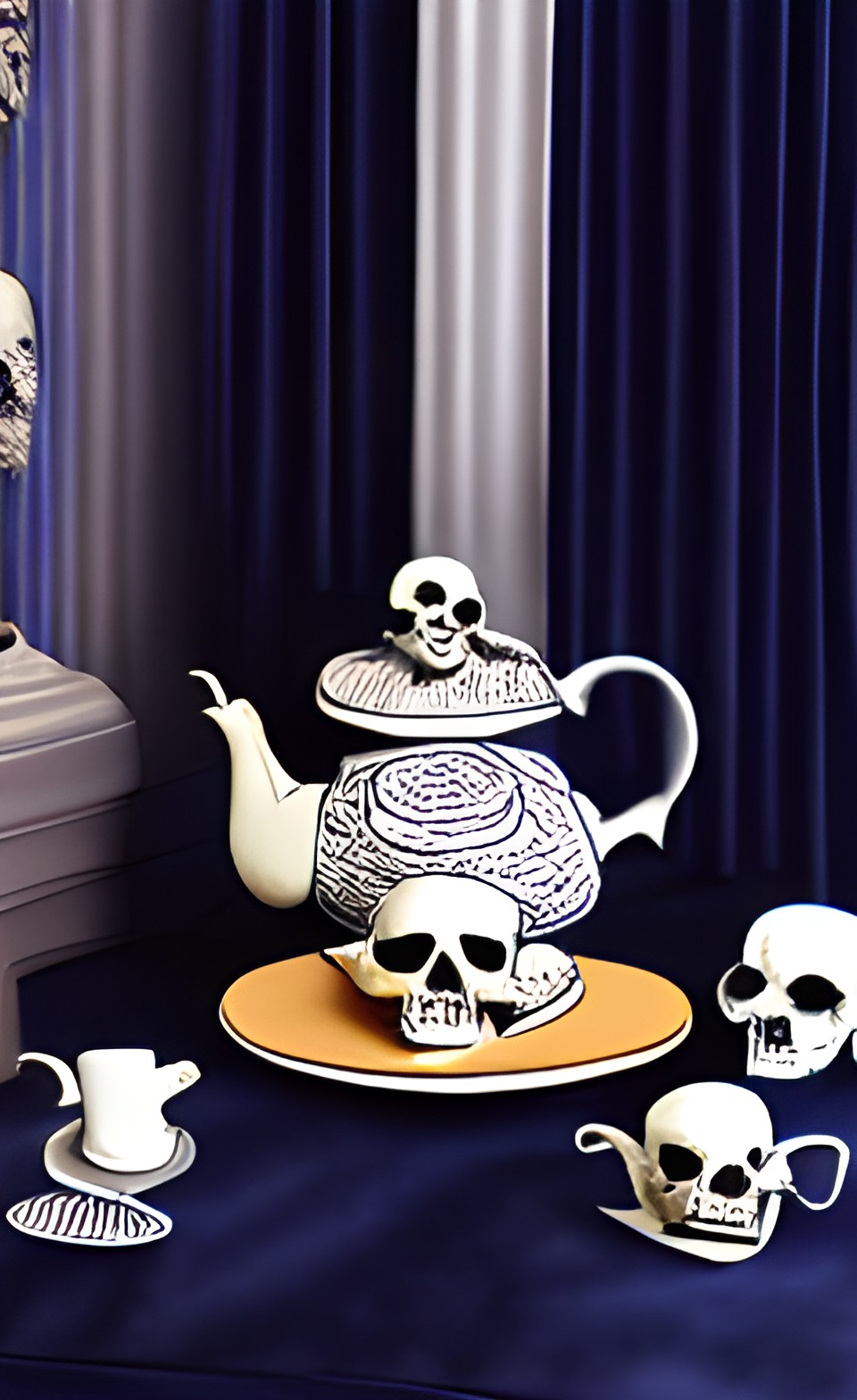 still life with skull and teapot on a table with a navy blue velvet curtain background preview