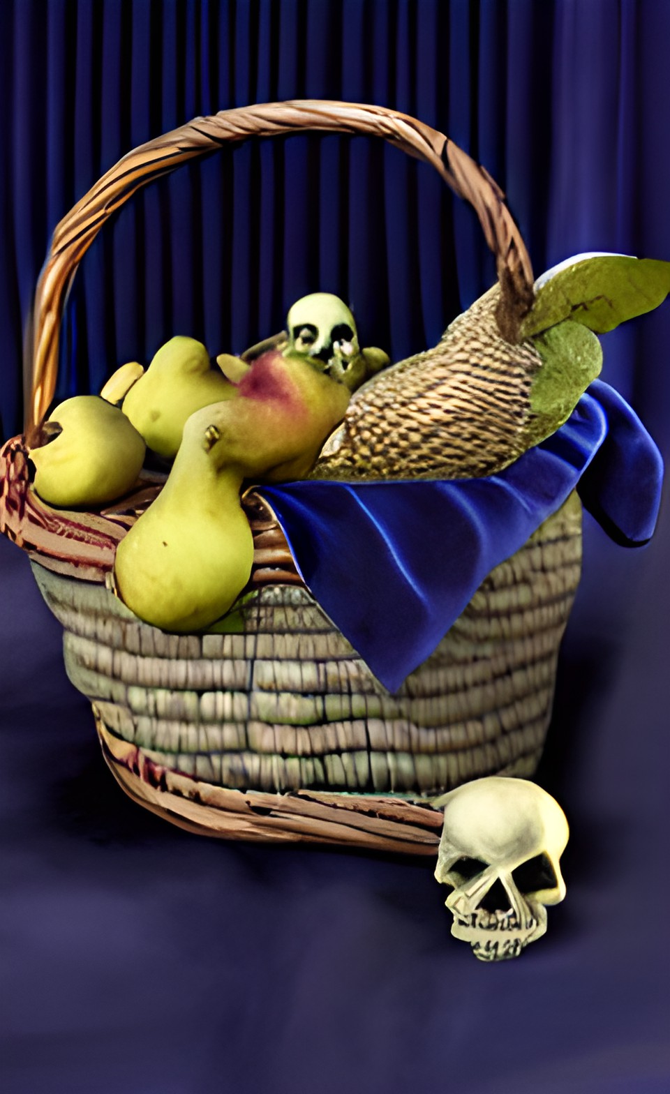 still life with skull, basket, and pear on a table with a navy blue velvet curtain background preview