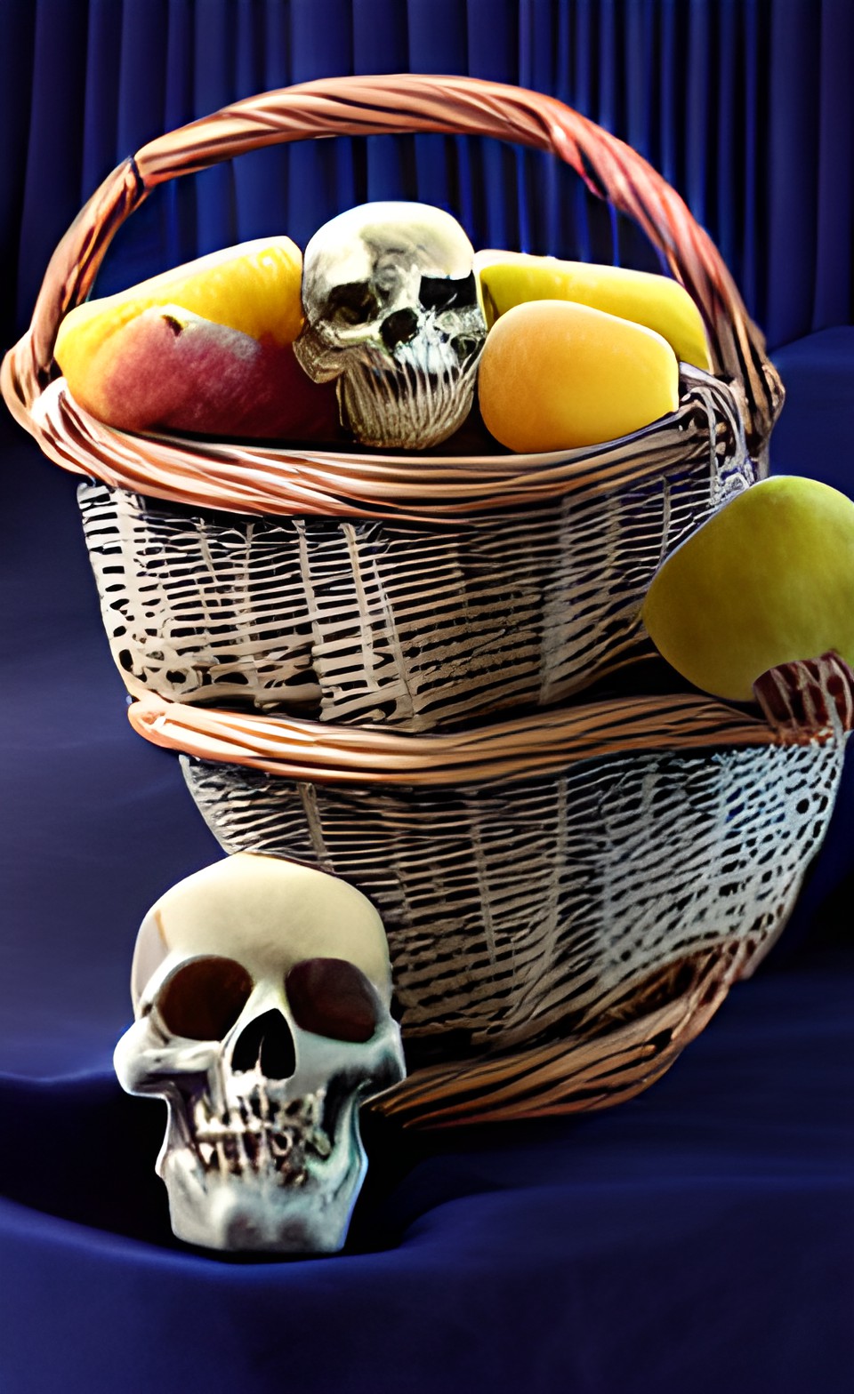 still life with skull and fruit basket on a table with a navy blue velvet curtain background preview