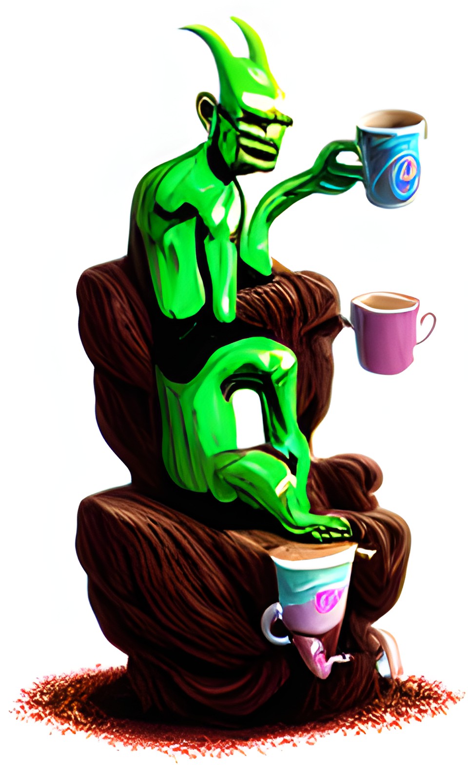 a small green goblin sitting on a throne made of coffee mugs on a mound of coffee beans preview