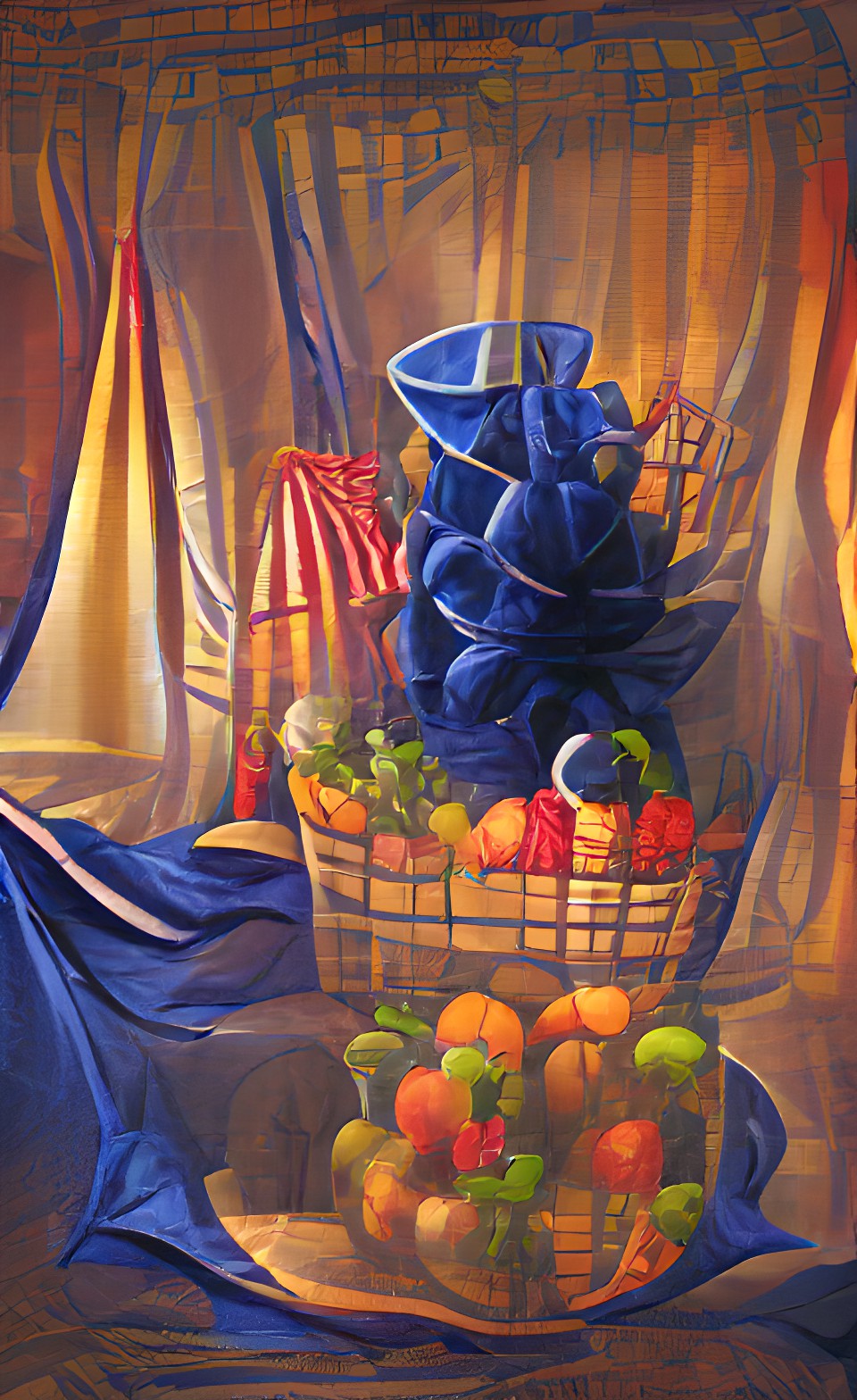 still life with fruit basket on a table with a navy blue velvet curtain background preview