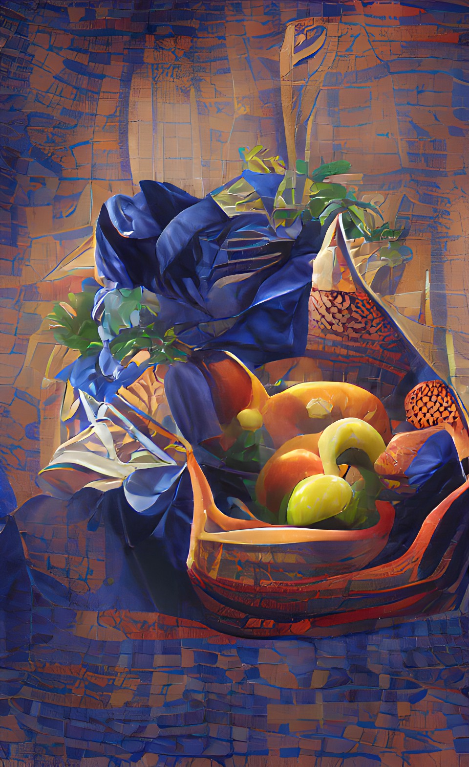 still life with fruit basket on a table with a navy blue velvet curtain background preview