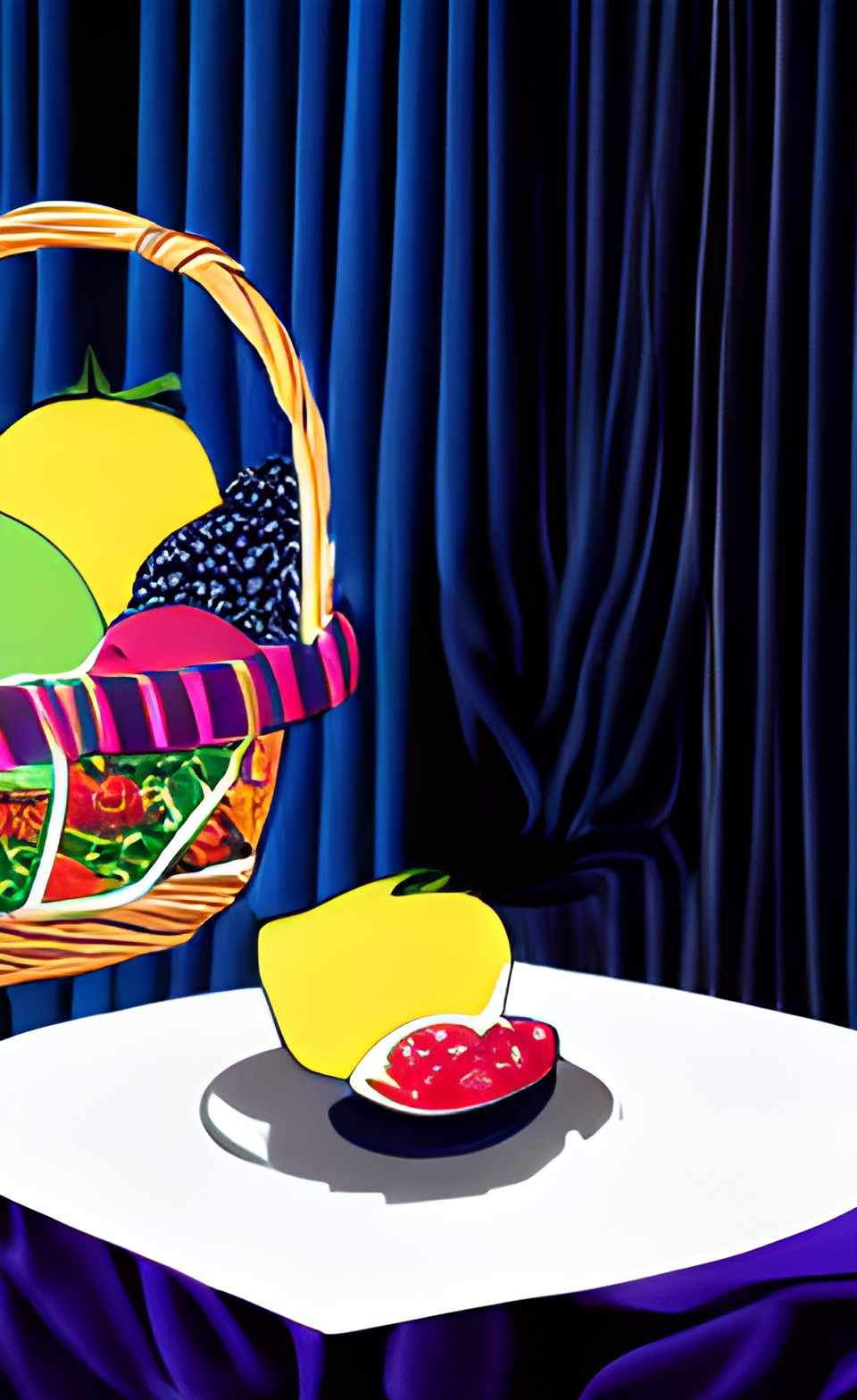 still life with fruit basket on a table with a navy blue velvet curtain background preview