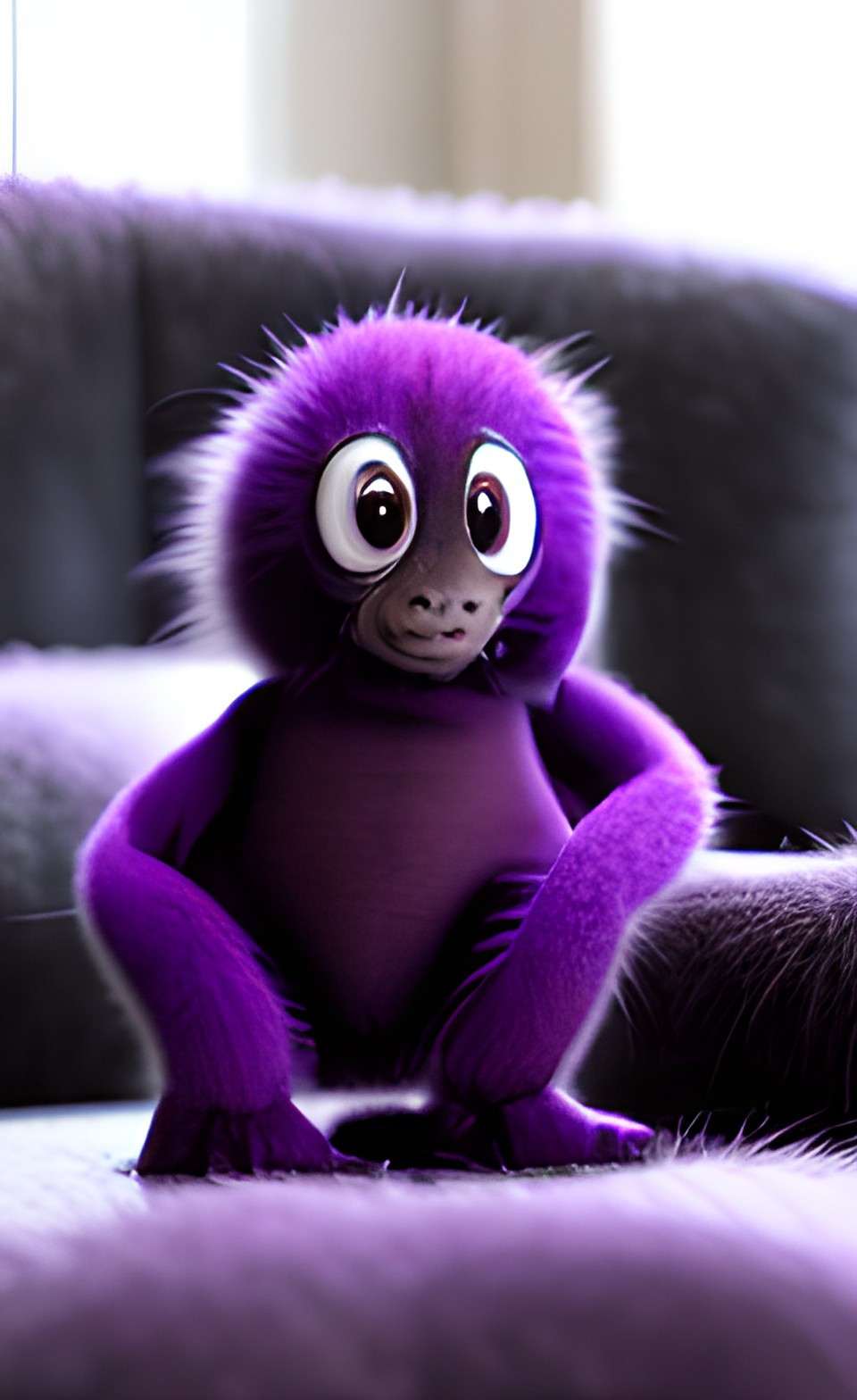 tiny purple fuzzy creature on a sofa preview