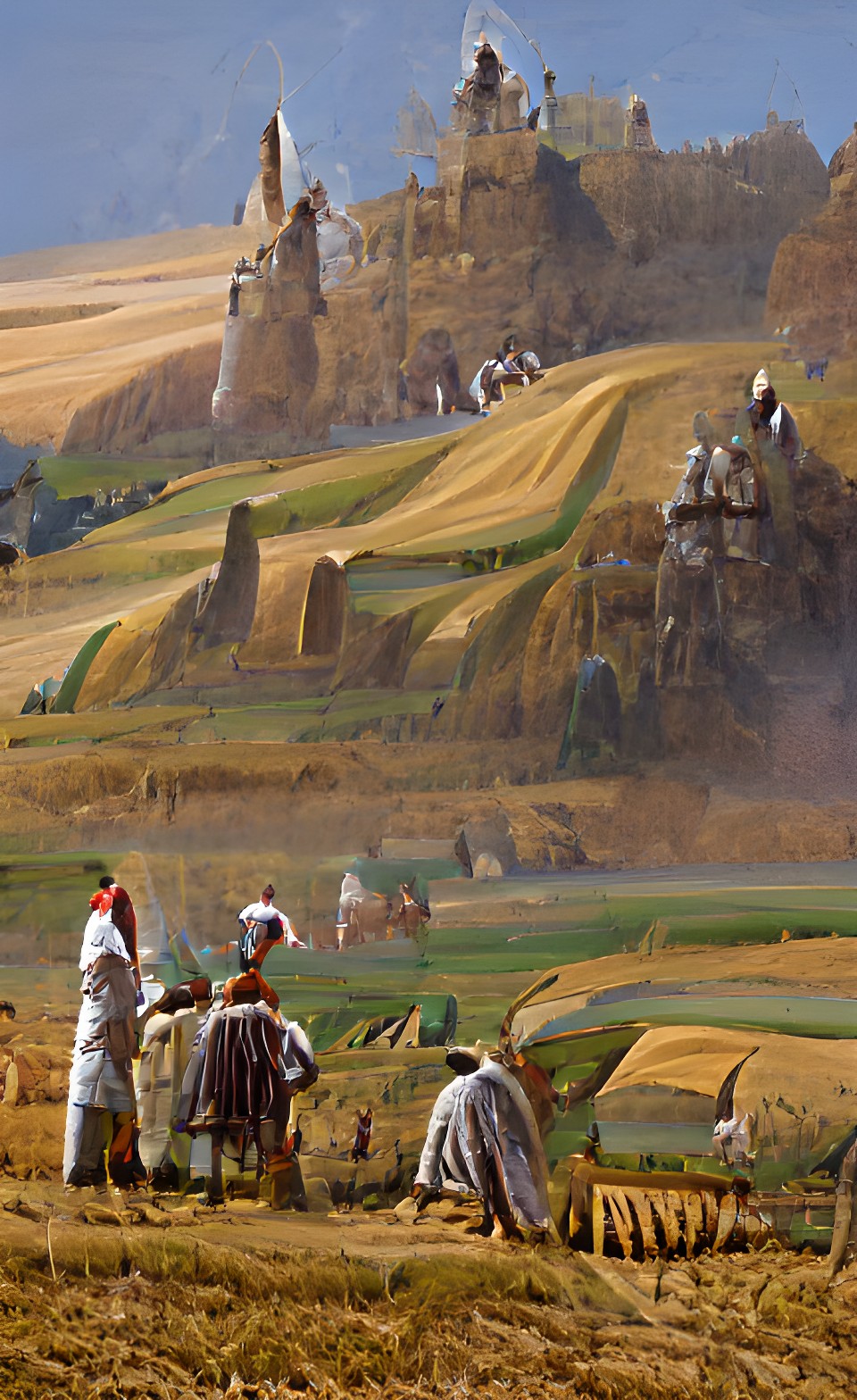 peasants working in a field of grain with a castle in the distance preview