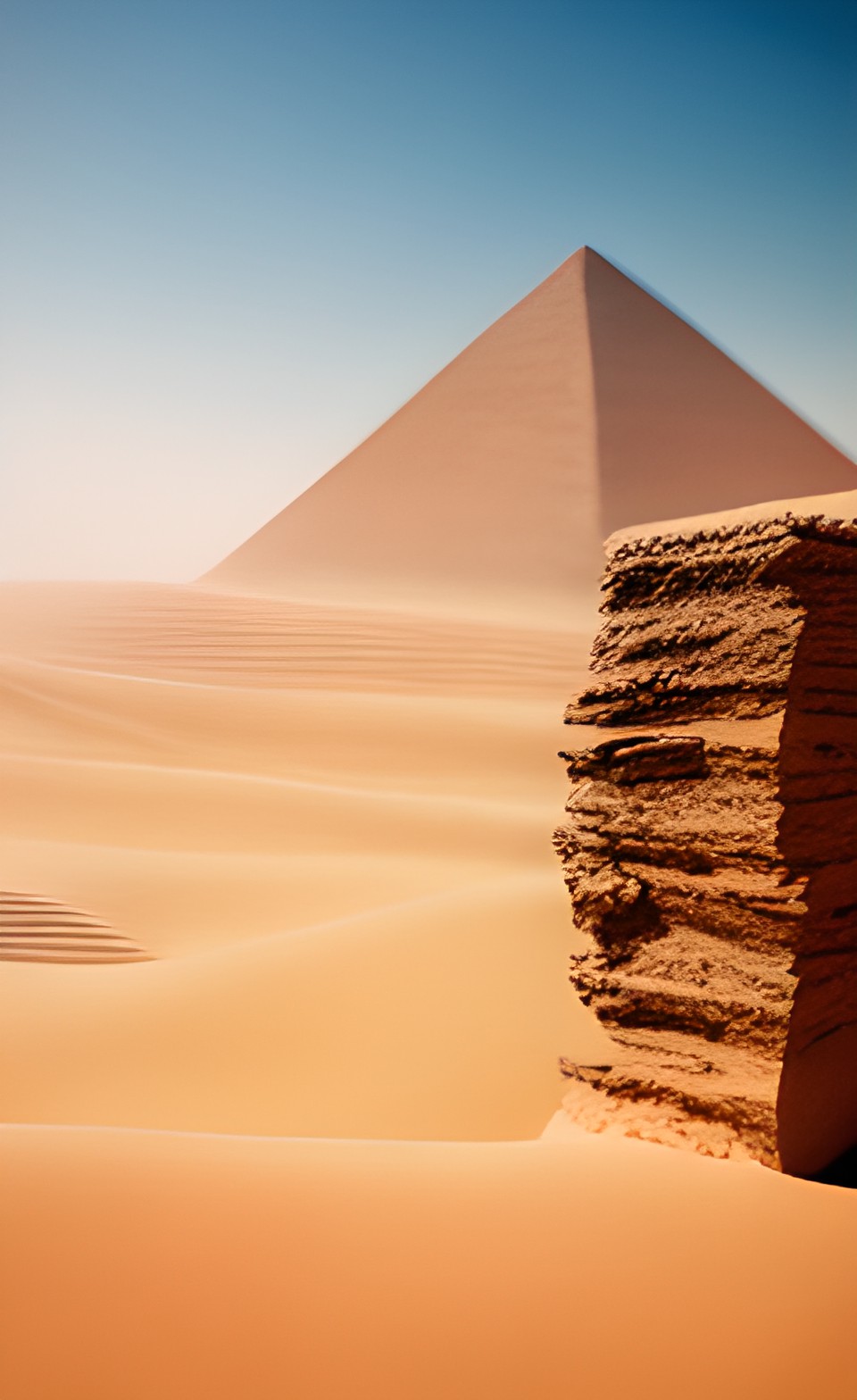 egyptian desert with sea of blood and pillars of carved sand next to pyramids preview