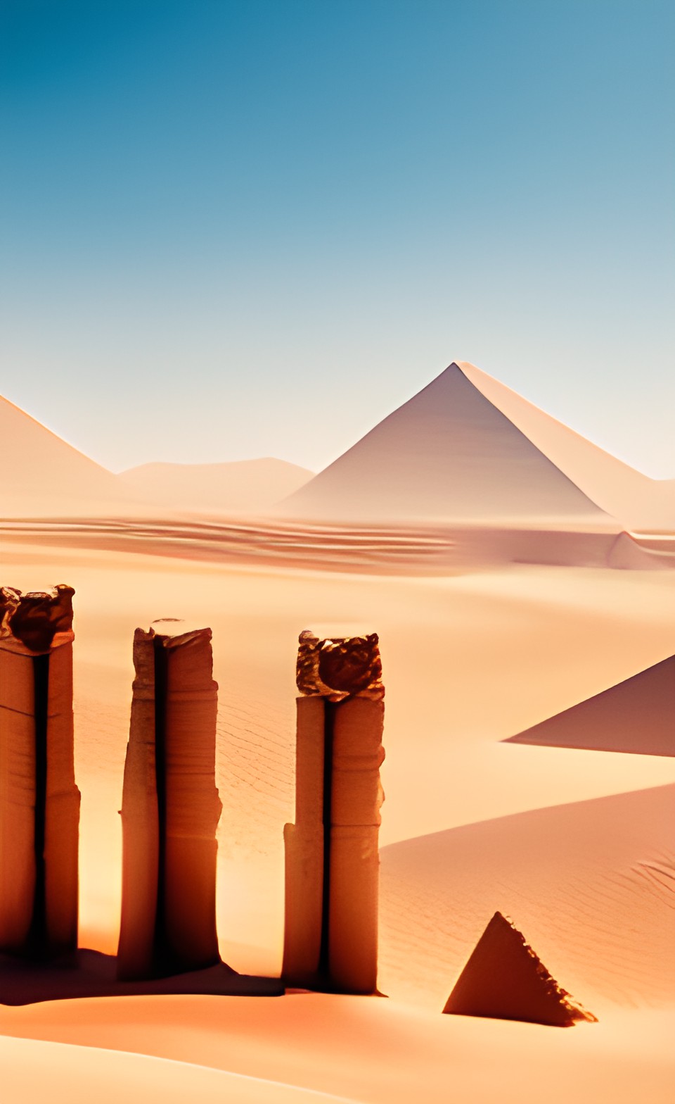 egyptian desert with sea of blood and pillars of carved sand next to pyramids preview