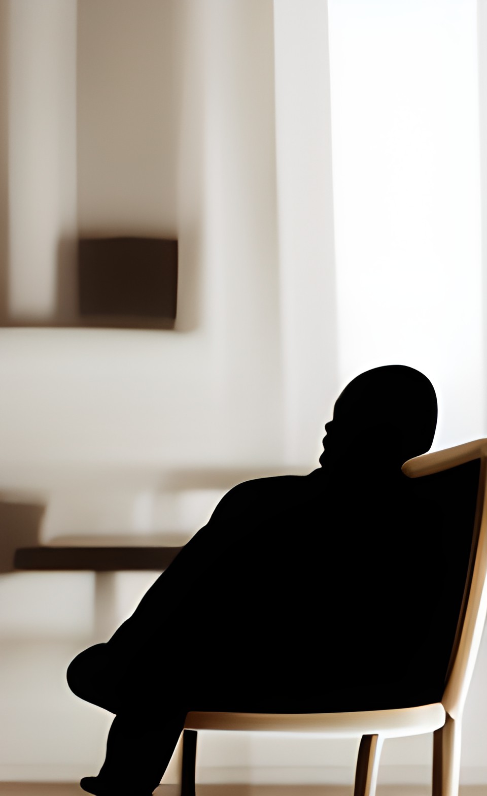 charcoal of man in the distance sitting on chair in white room, dim light preview