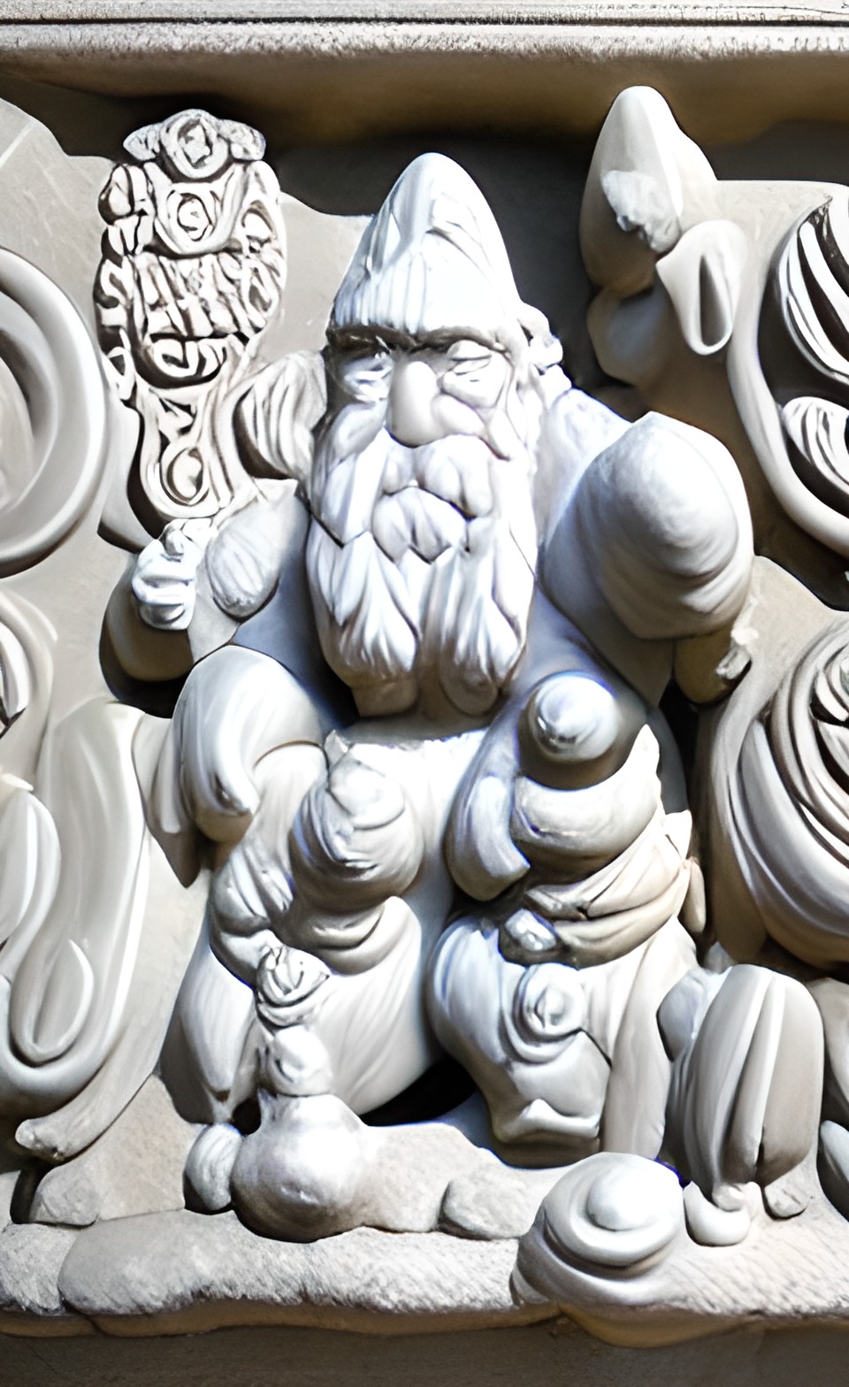 Gnome - marble relief carving, old garden gnome, ornate intricately detailed carving preview