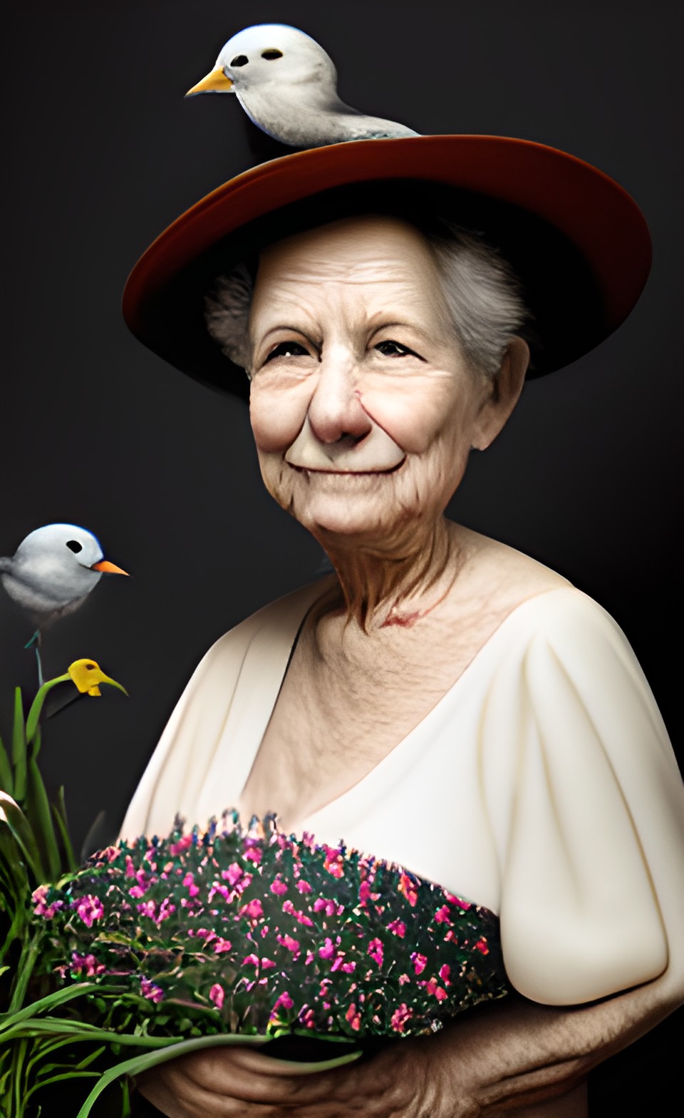 portrait of an old woman with birds and flowers preview