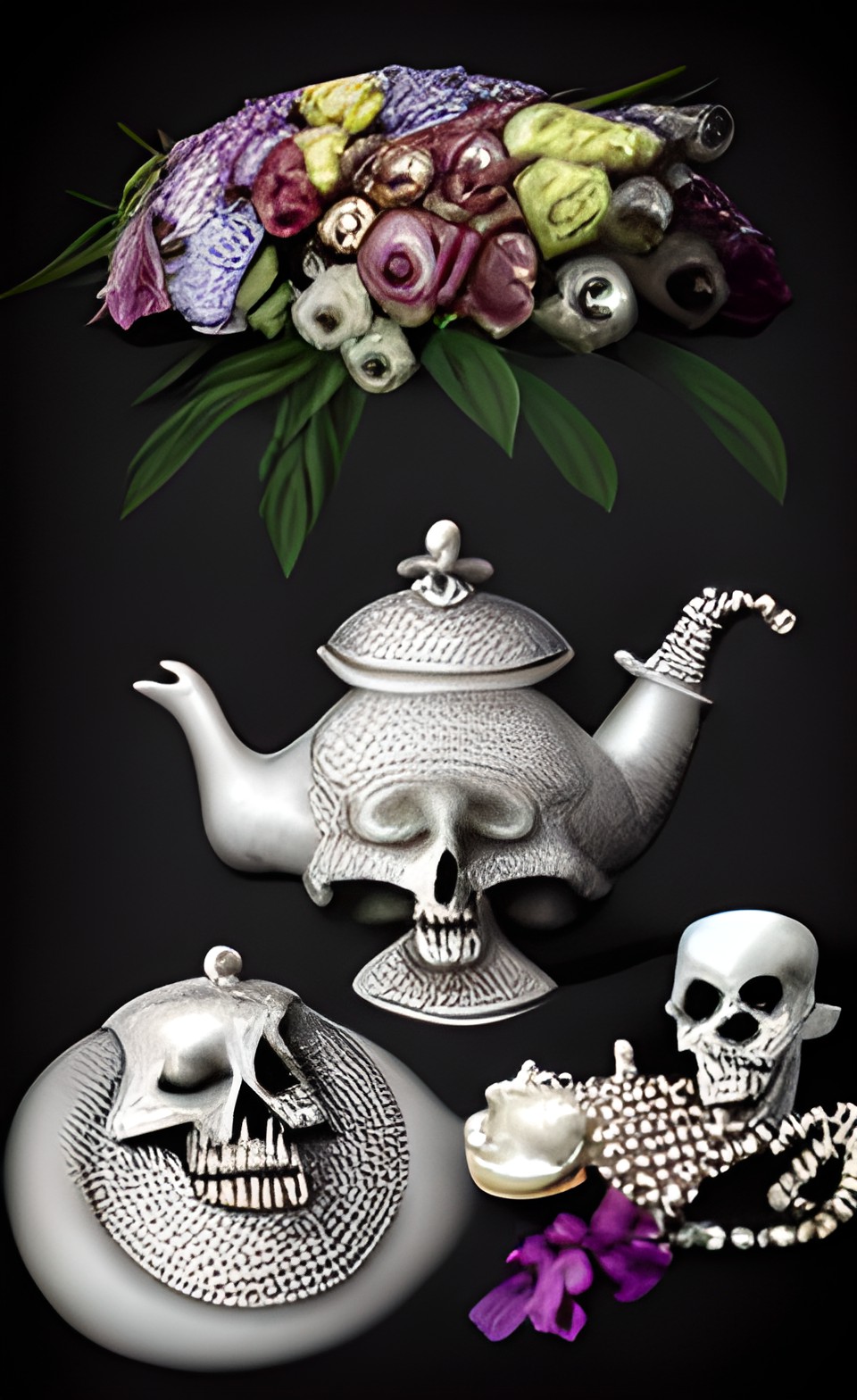 still life with flowers, pearls, teapot, and skull preview