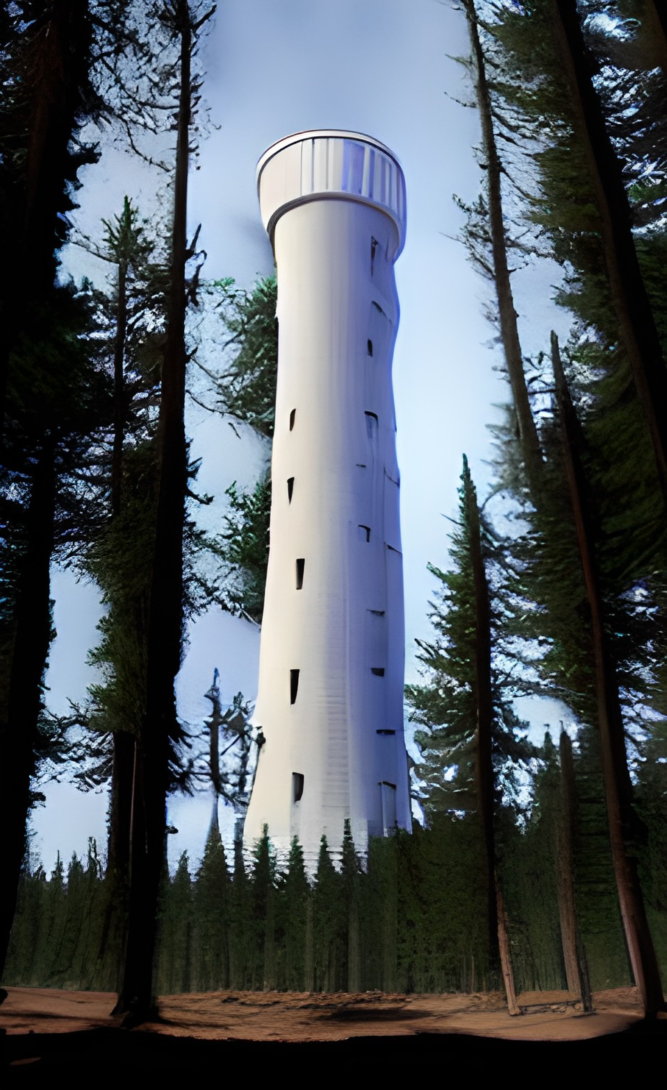 round white tower in a dark pine forest preview