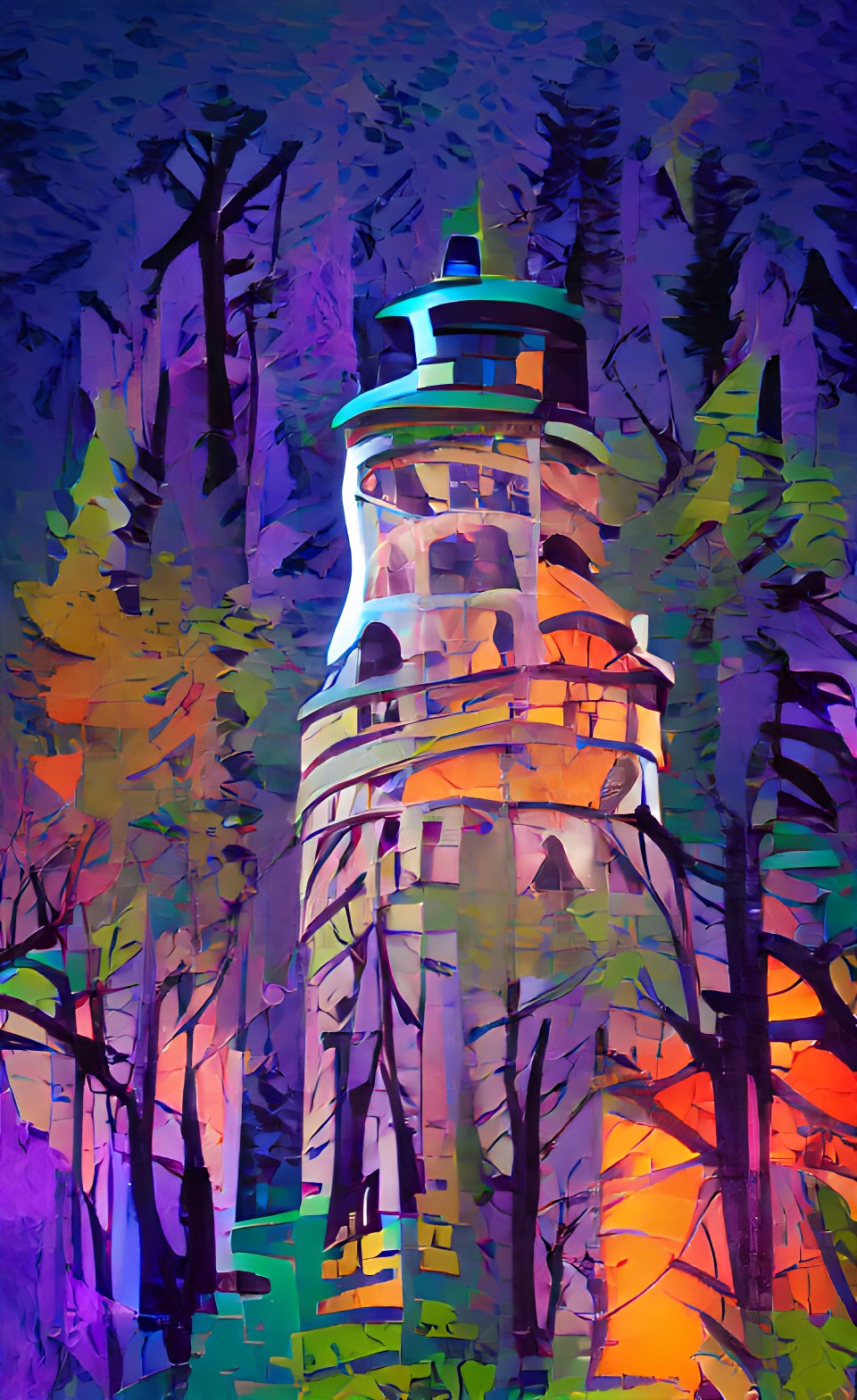 round white tower in a dark pine forest preview