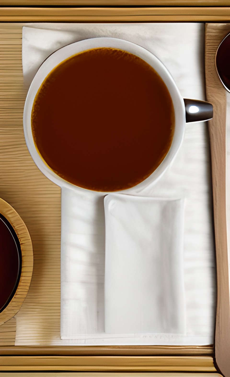 a bowl of soup, a spoon, a napkin, and a cup of tea on a bamboo tray preview