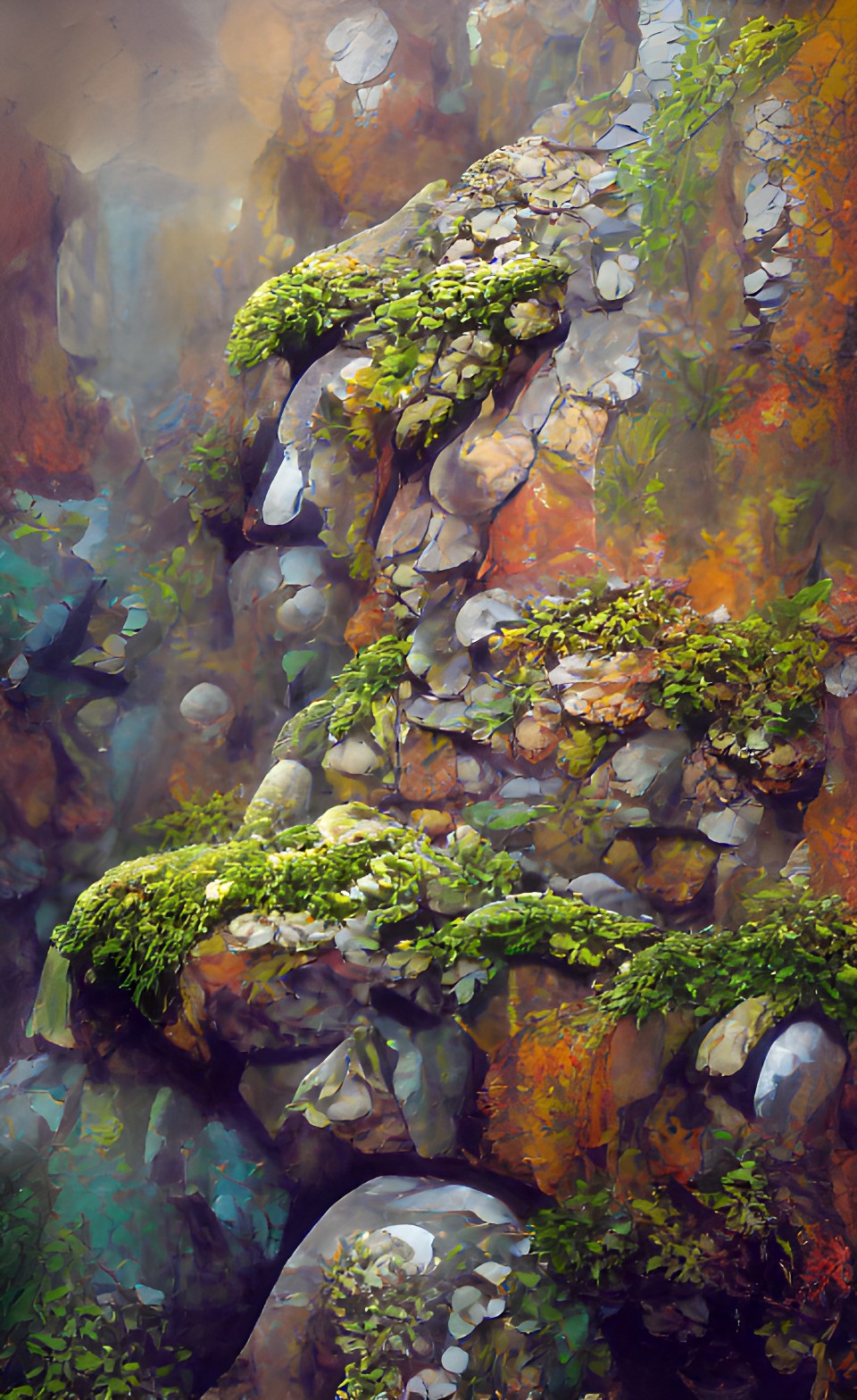 rough rock wall with moss, lichens, and water preview