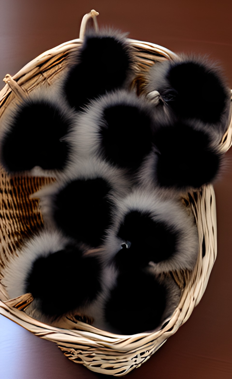 several tiny fluffy creatures in a basket on a black velvet tablecloth preview