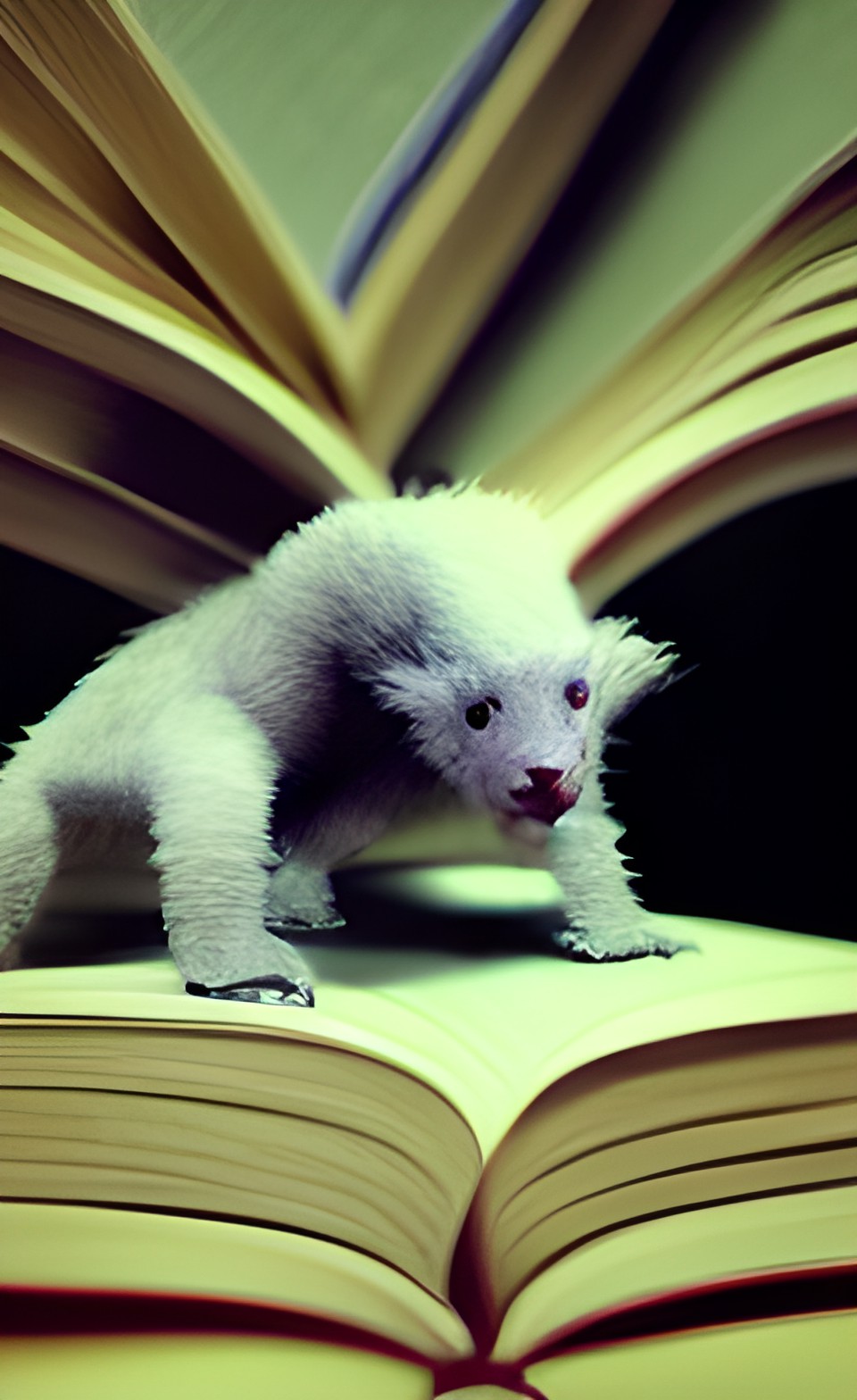 several tiny fluffy creatures among books preview