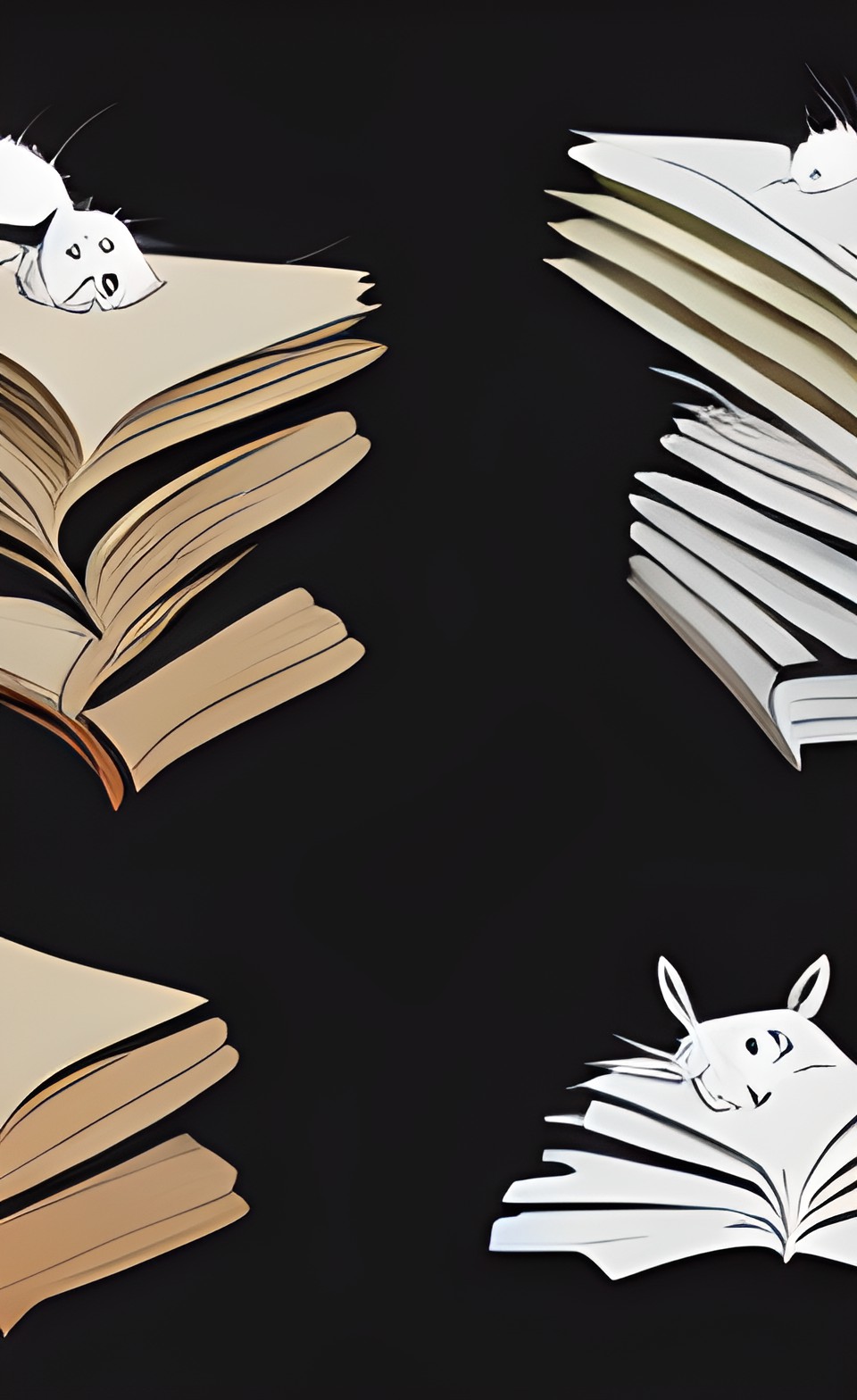 several tiny fluffy creatures among books preview