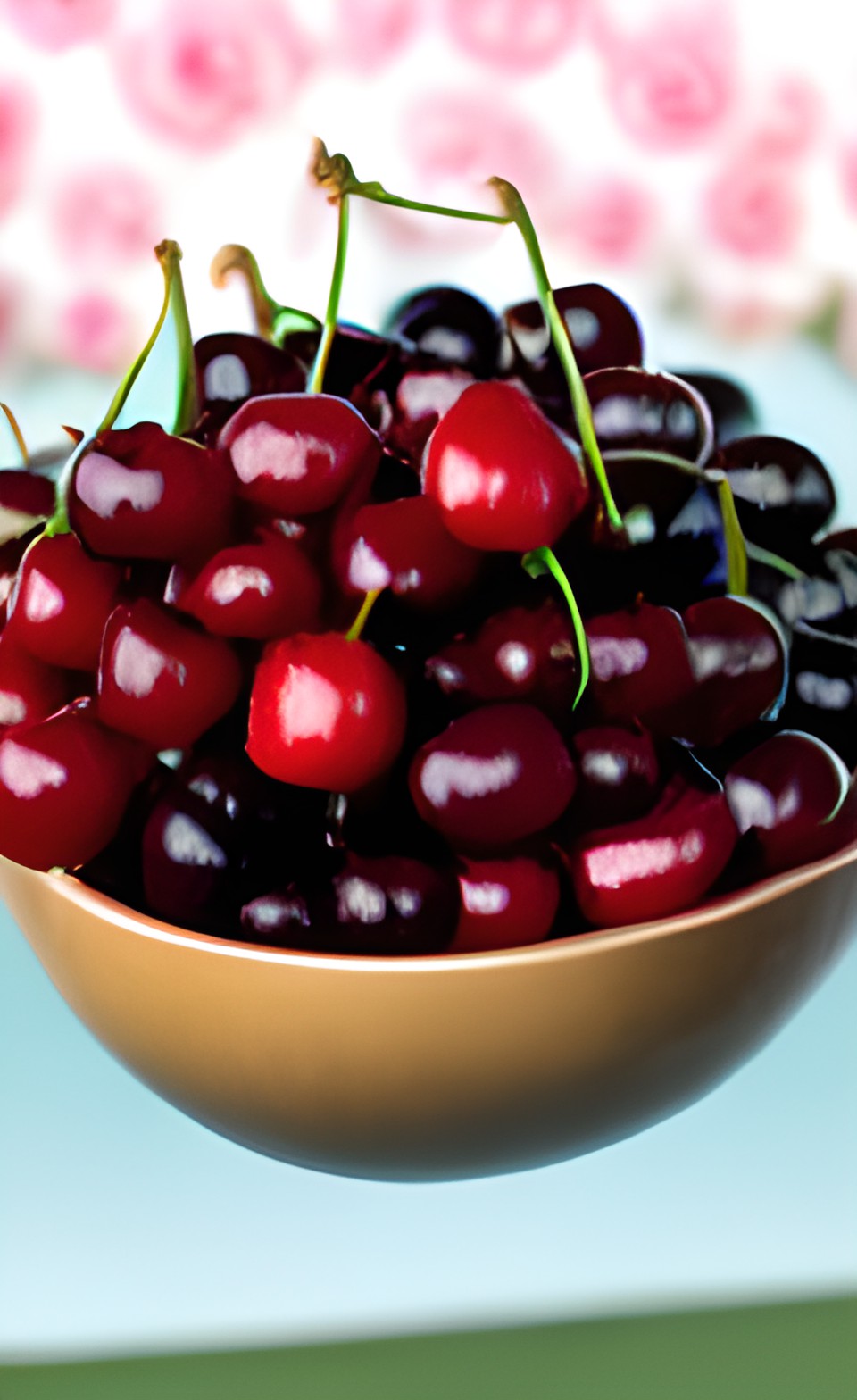 a bowl of cherries in a rose garden preview