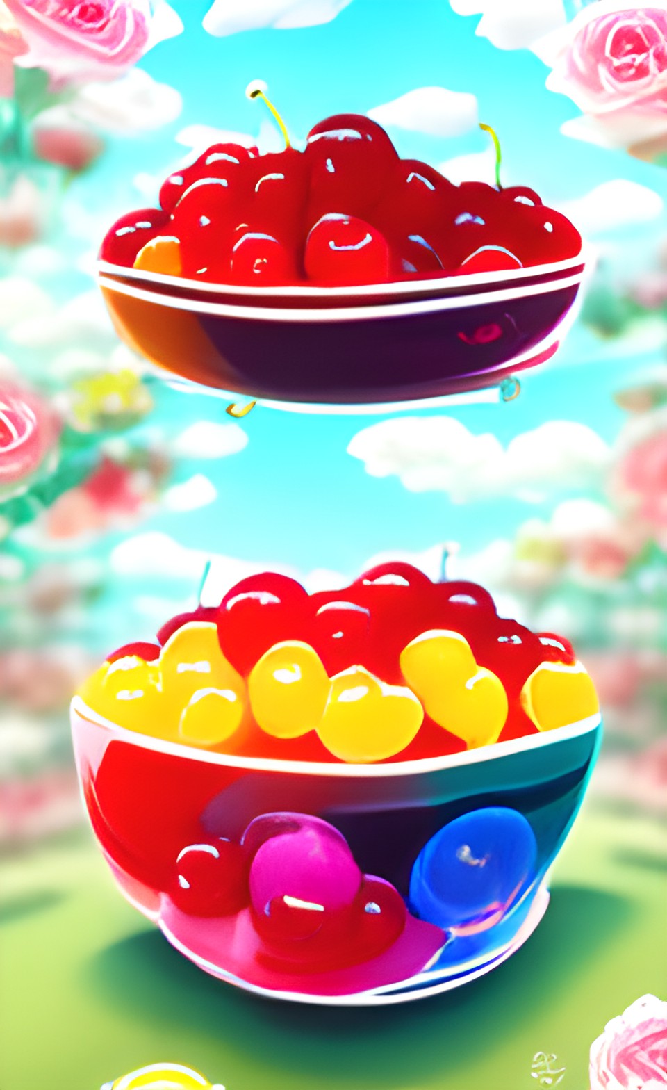 a bowl of cherries in a rose garden preview