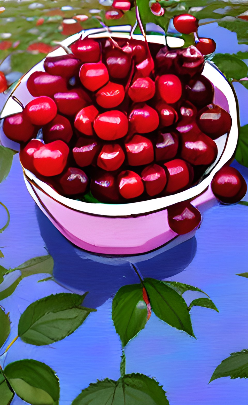 a bowl of cherries in a rose garden preview