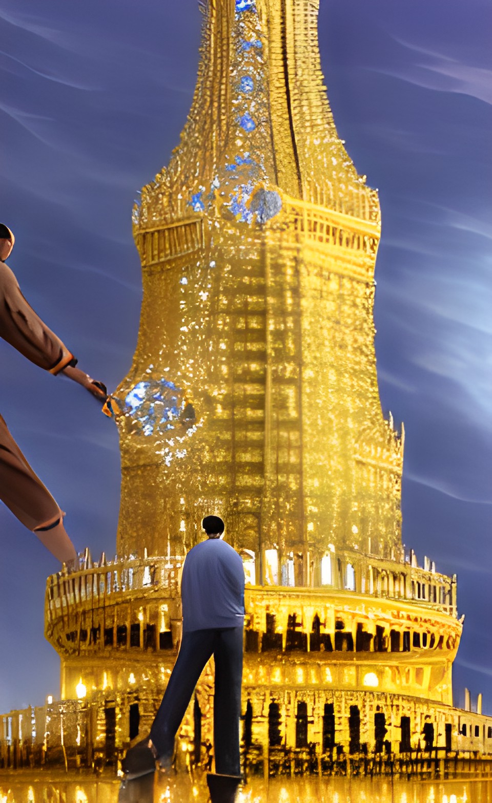 a man near magical fantasy golden tower covered with diamonds preview