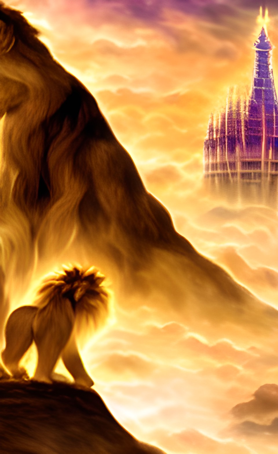 two things, a lion and a tower, a lion guarding a tower, a magical fantasy golden tower covered with diamonds preview