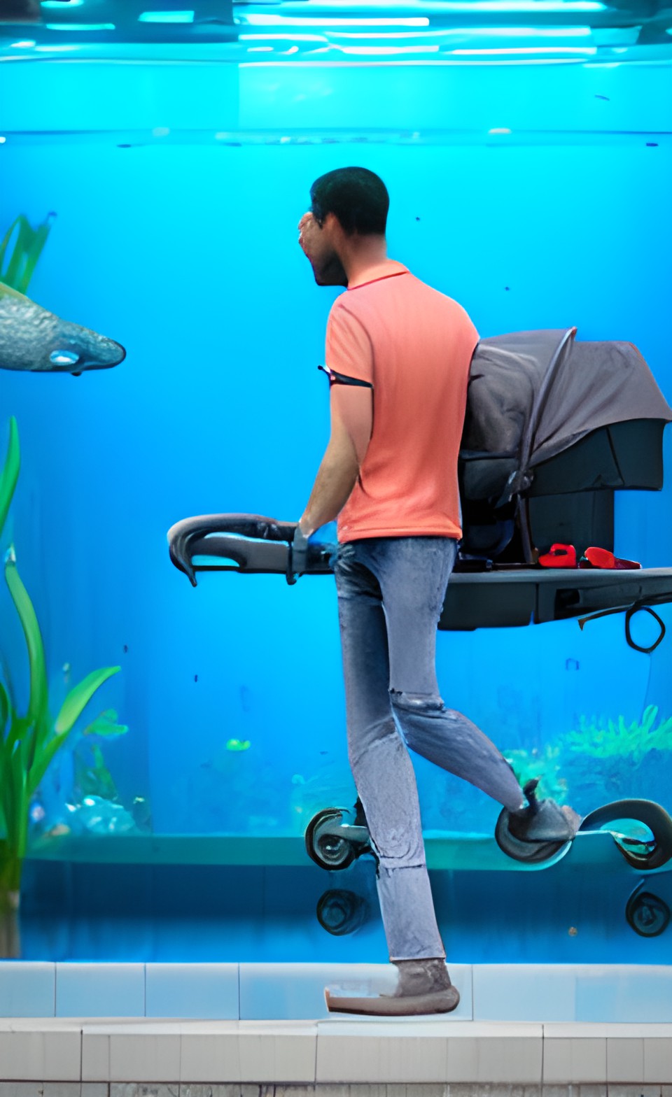 heavyset man pushing stroller through an aquarium preview