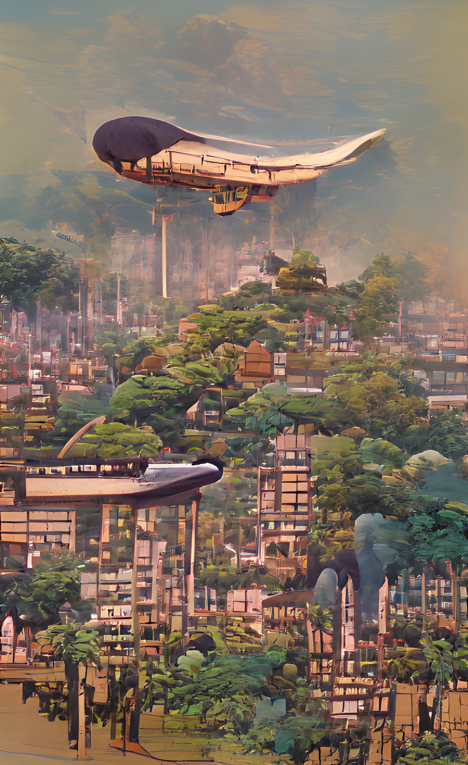 a dirigible floats over an overgrown jungle city preview