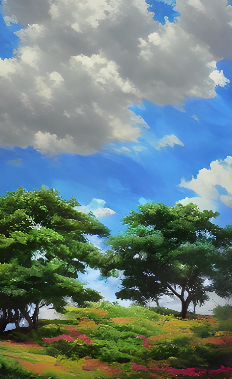 blue sky white clouds green trees preview