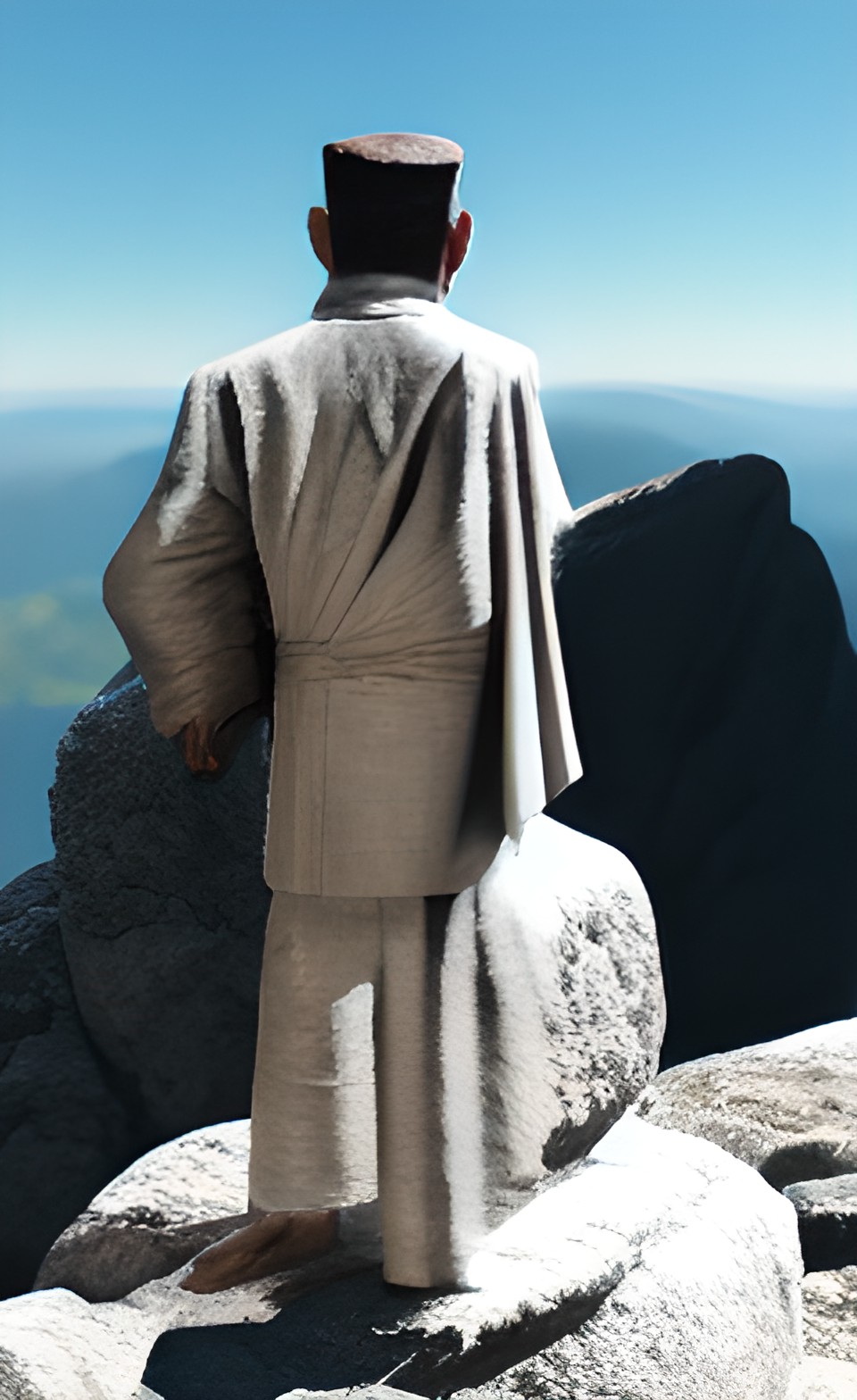 an old priest standing at a stone altar on a mountain preview