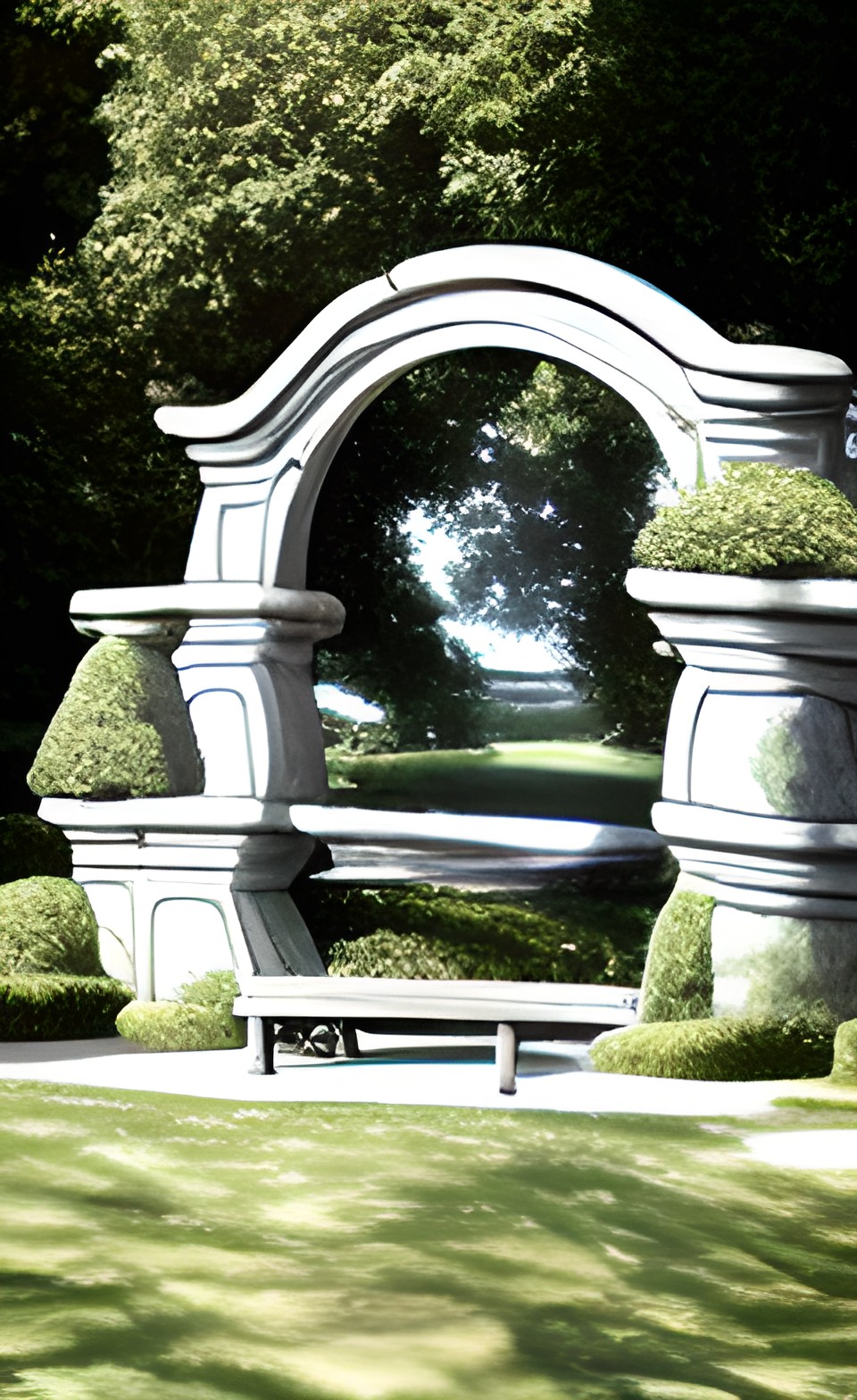 park with bench in foreground magical stone gate portal in background preview