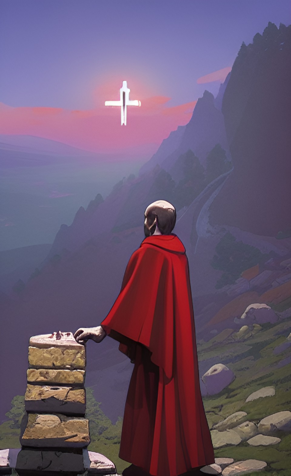 a priest offering a sacrifice on a simple stone altar on a mountain. the priest is sacrificing his son preview