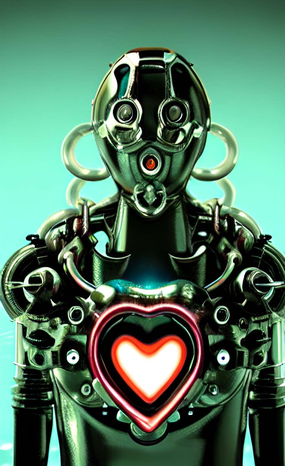 low light movie still of an intriguing aquatic alien cyborg, exposed heart, metallic, chrome, gears, by rutkowski preview