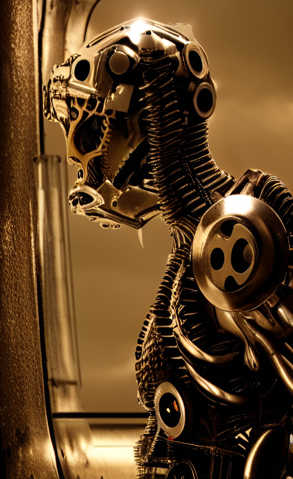 low light movie still of an aquatic demon cyborg, exposed heart, metallic, chrome, gears, by rutkowski preview