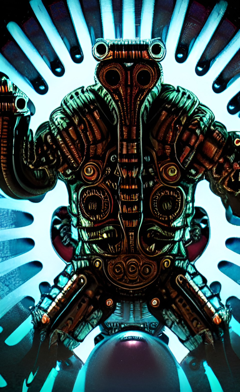 low light movie still of an aquatic demon-king cyborg, exposed intestinal, metallic, chrome, gears, by rutkowski preview